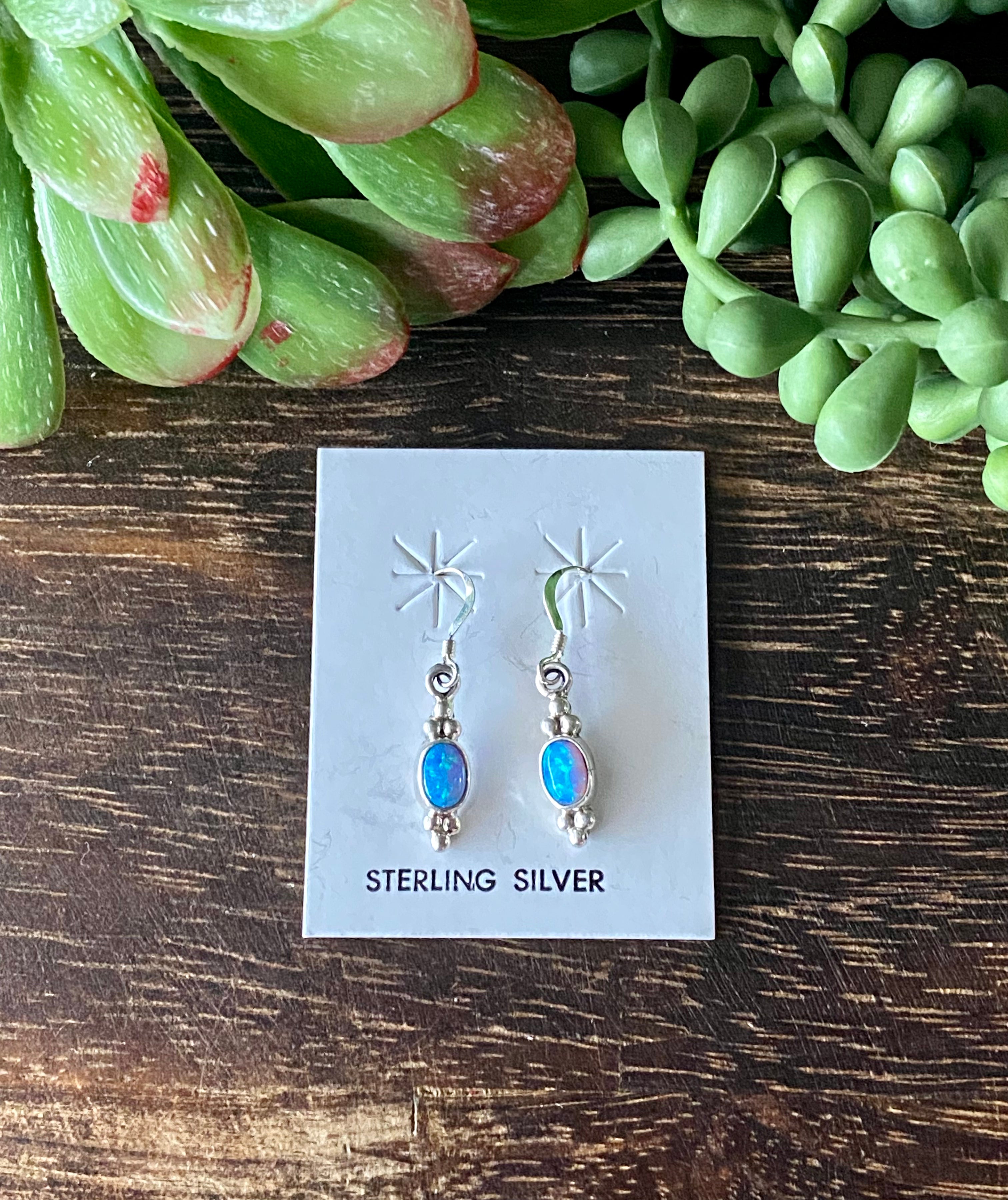 Navajo Made Blue Opal & Sterling Silver Dangle Earrings