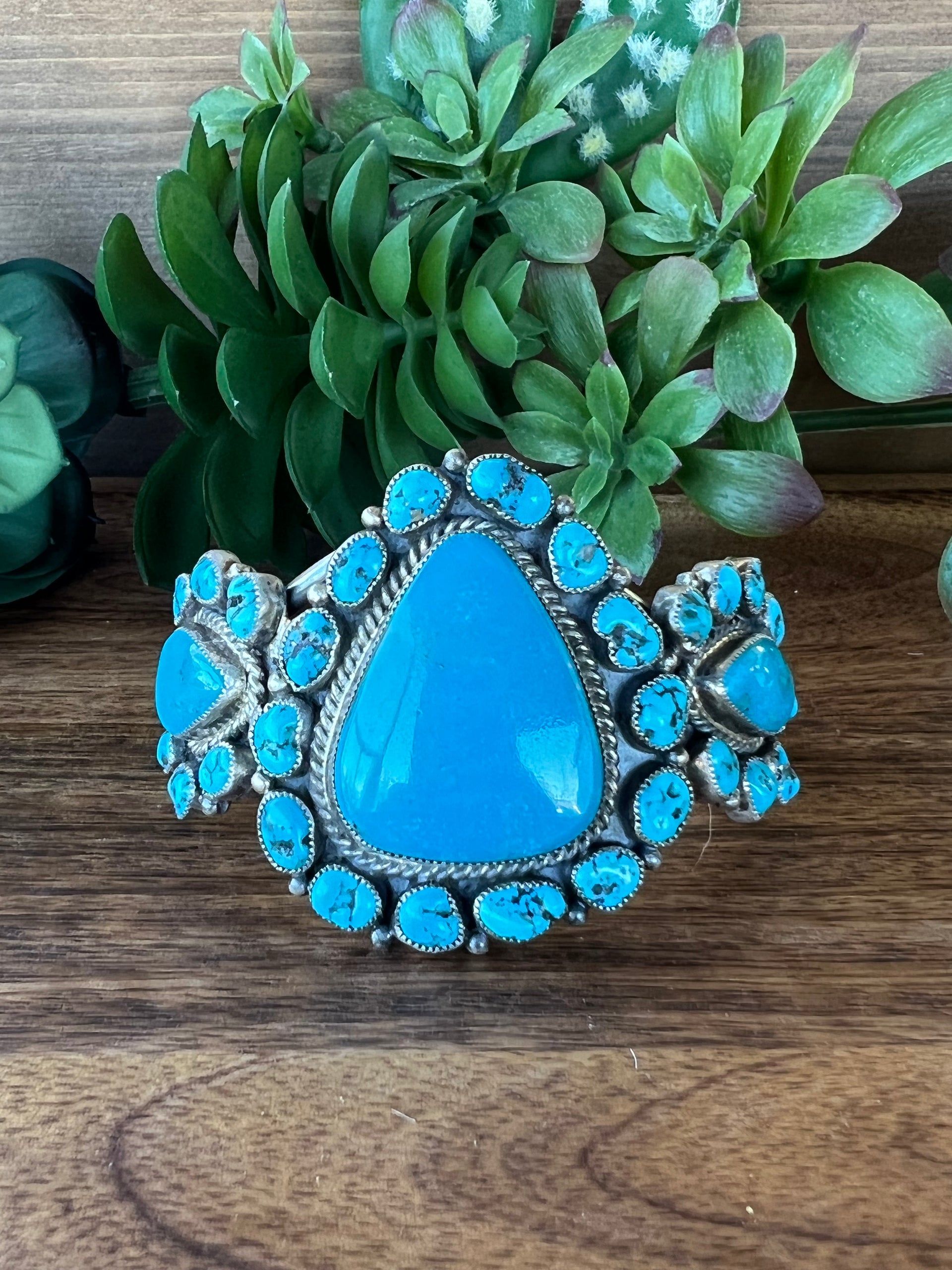 Larry Kaye Kingman Turquoise & Sterling Silver Cluster Cuff Bracelet