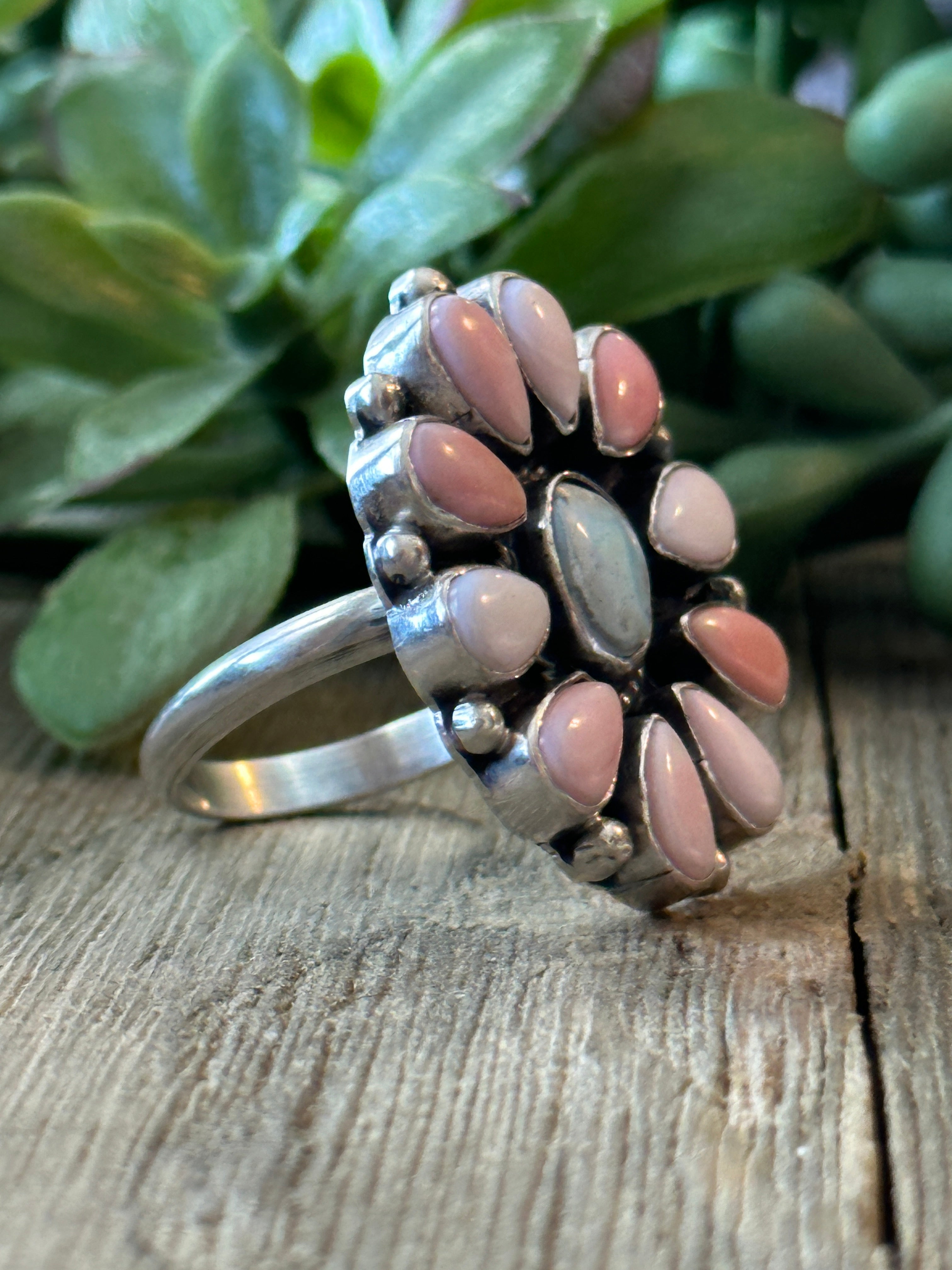 Navajo Made Golden Hill & Pink Conch & Sterling Silver Adjustable Cluster Ring