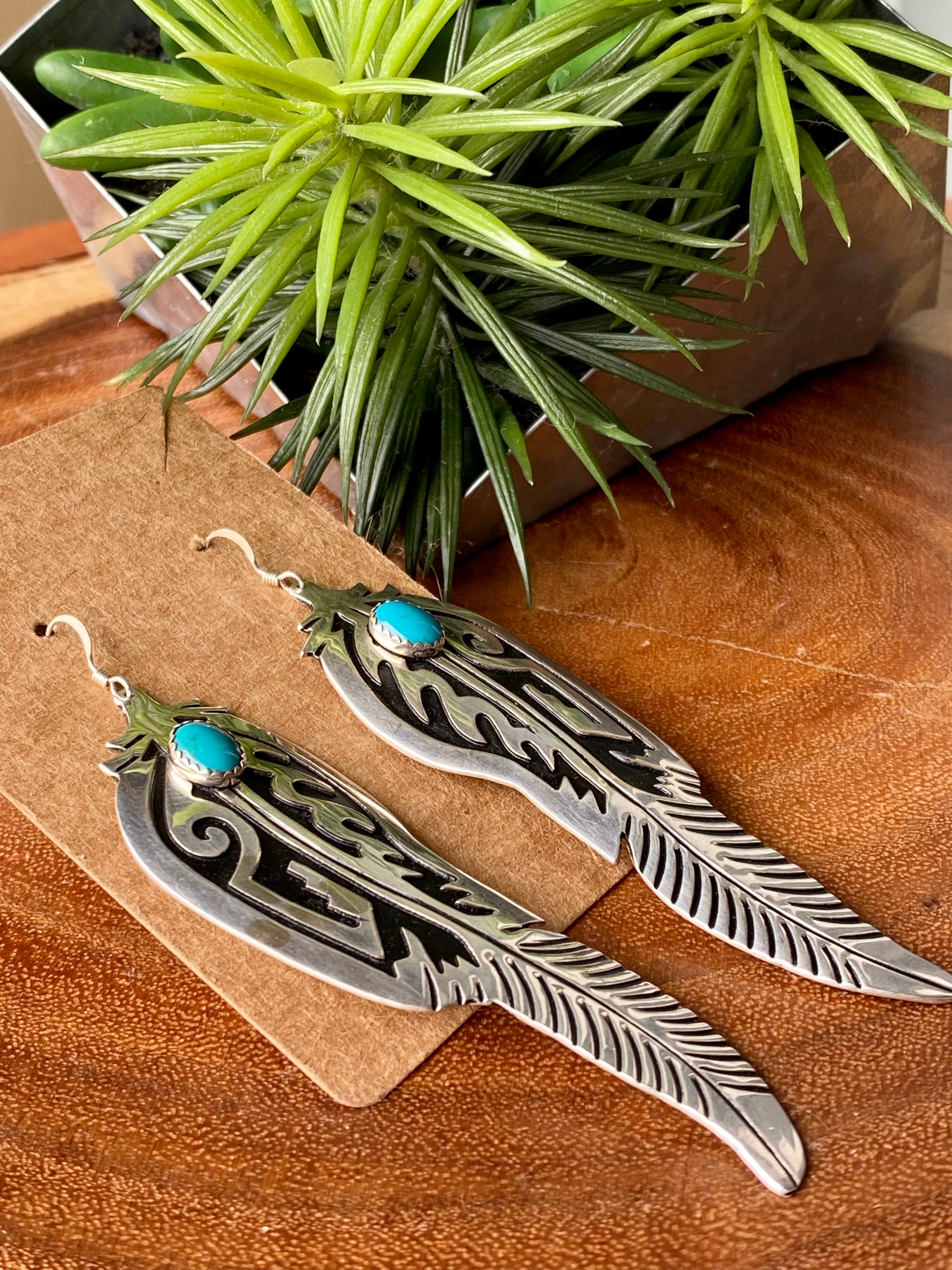 Tom and Rose Singer Kingman Turquoise & Sterling Silver Feather Dangle Earrings