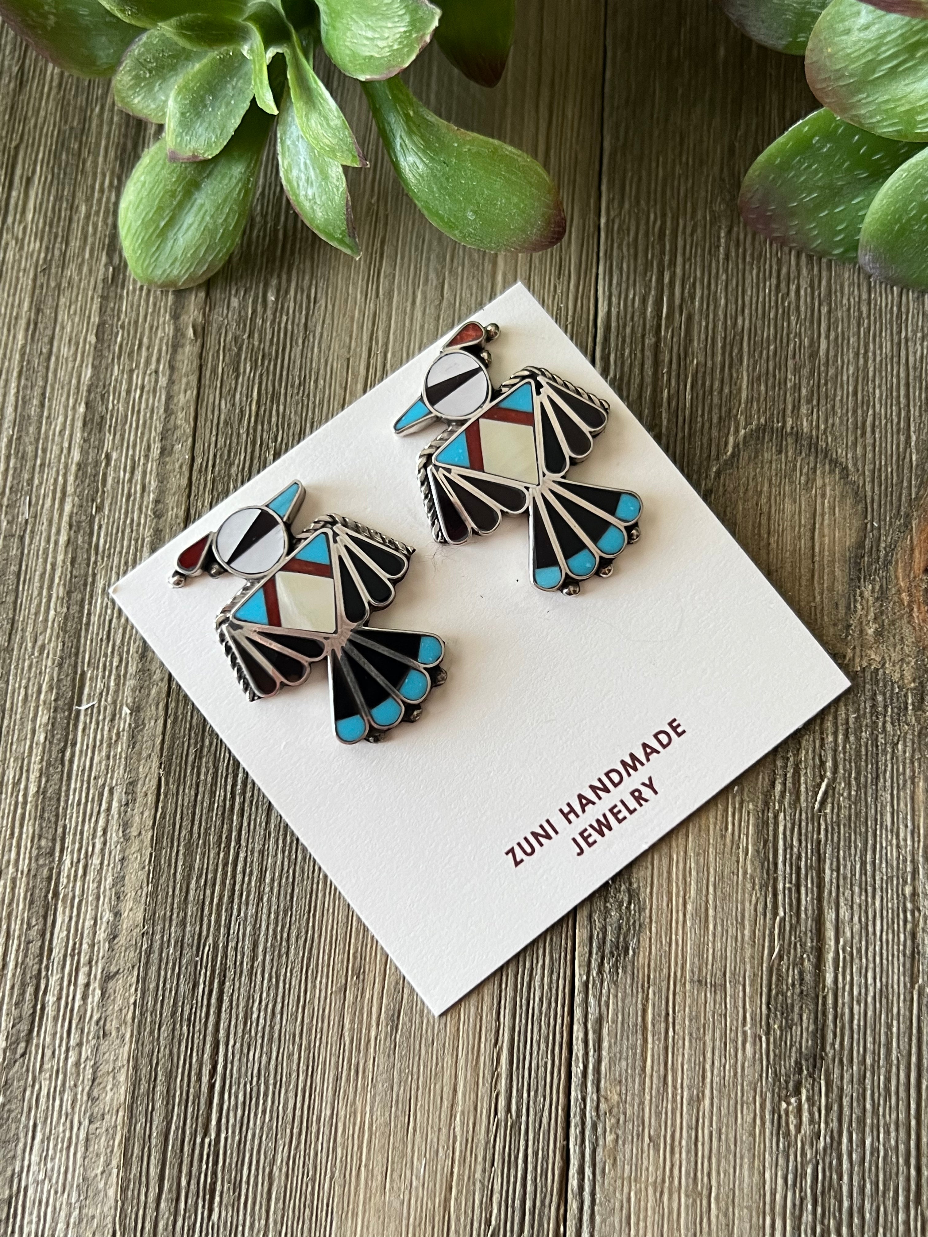 Zuni Made Multi Stone & Sterling Silver Inlay Thunderbird Post Earrings