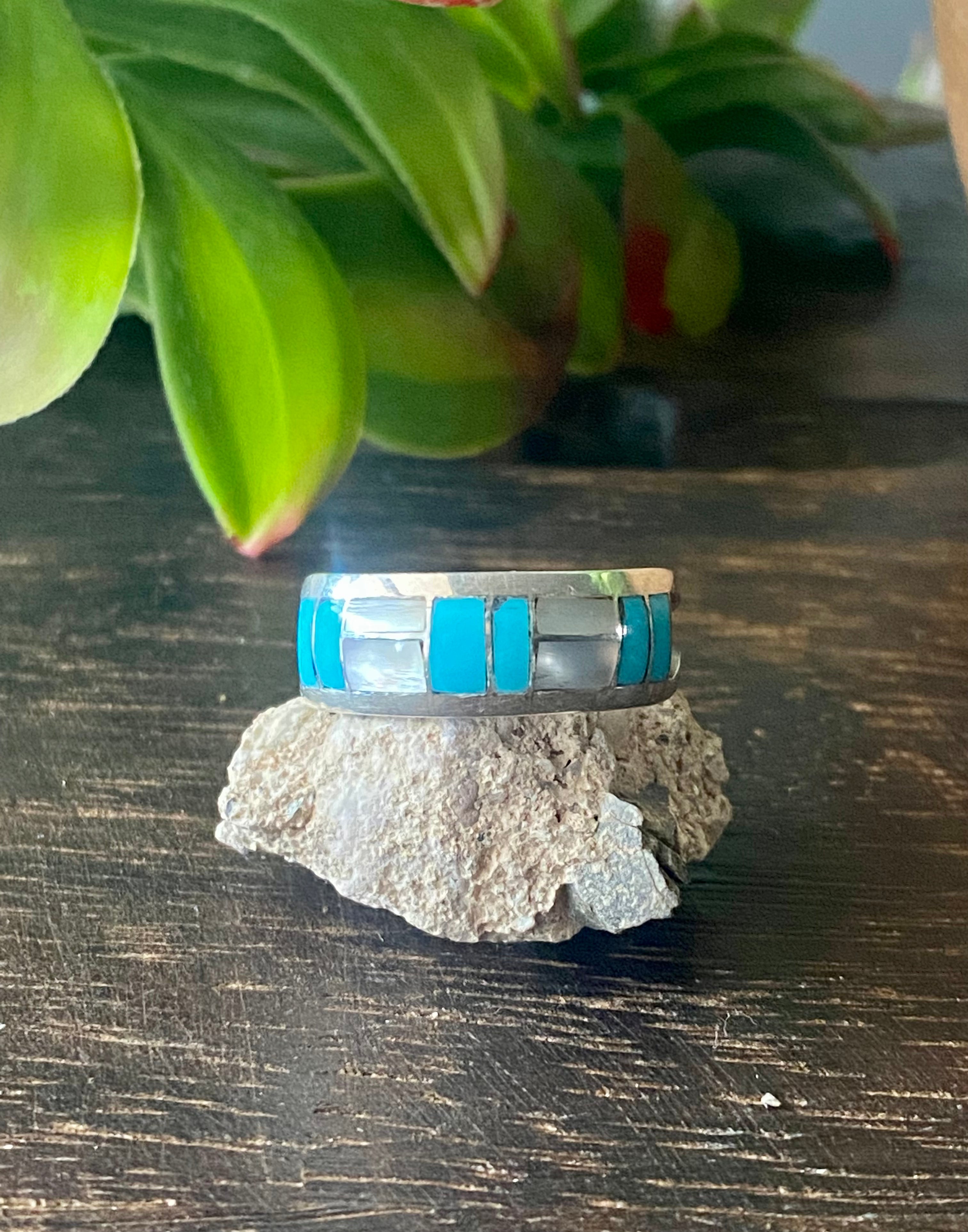 Navajo Made Multi Stone & Sterling Silver Inlay Band Ring Size 9