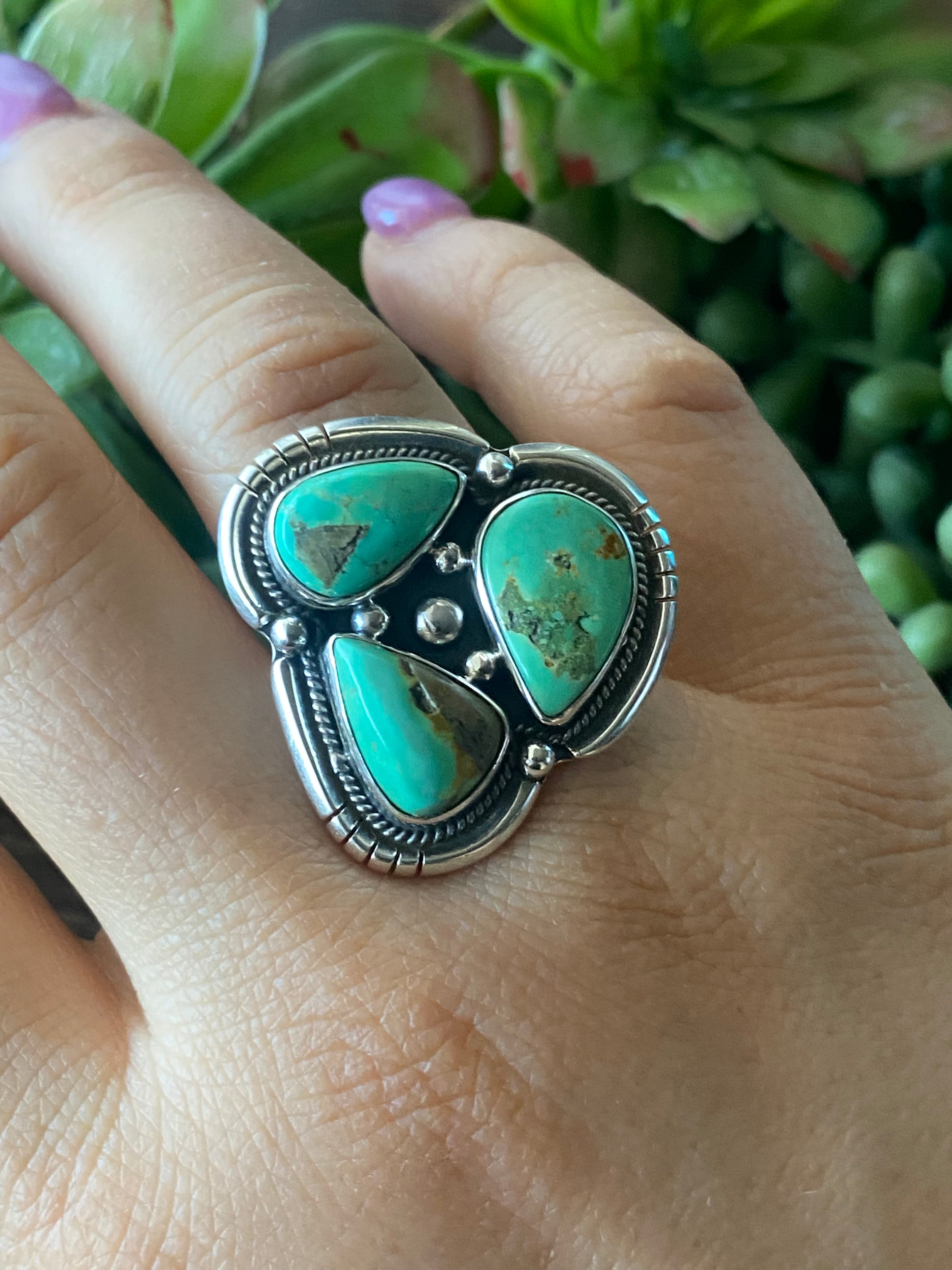 Navajo Made Carico Lake Turquoise & Sterling Silver Cluster Ring Size 8.75