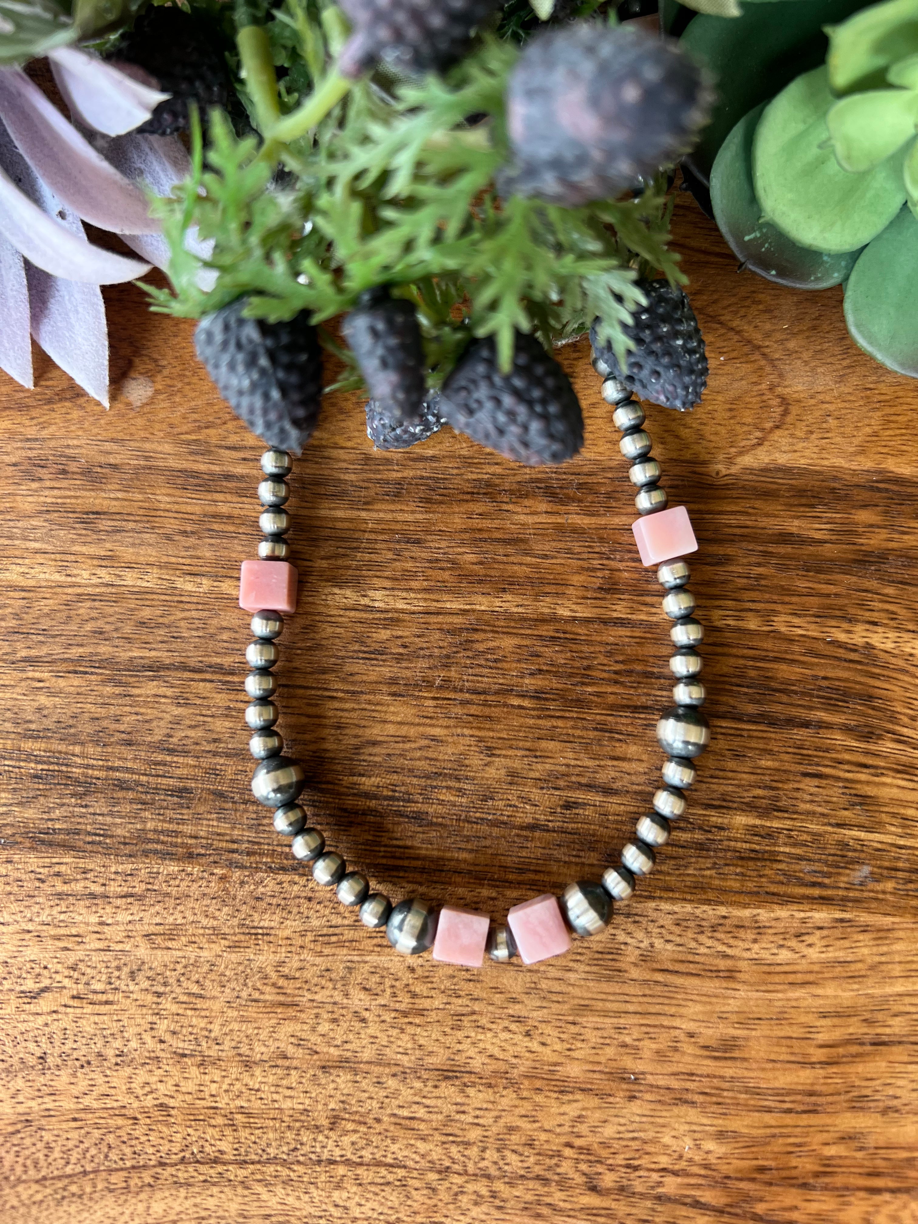 Navajo Pink Coral & Sterling Silver Graduated Pearl Necklace