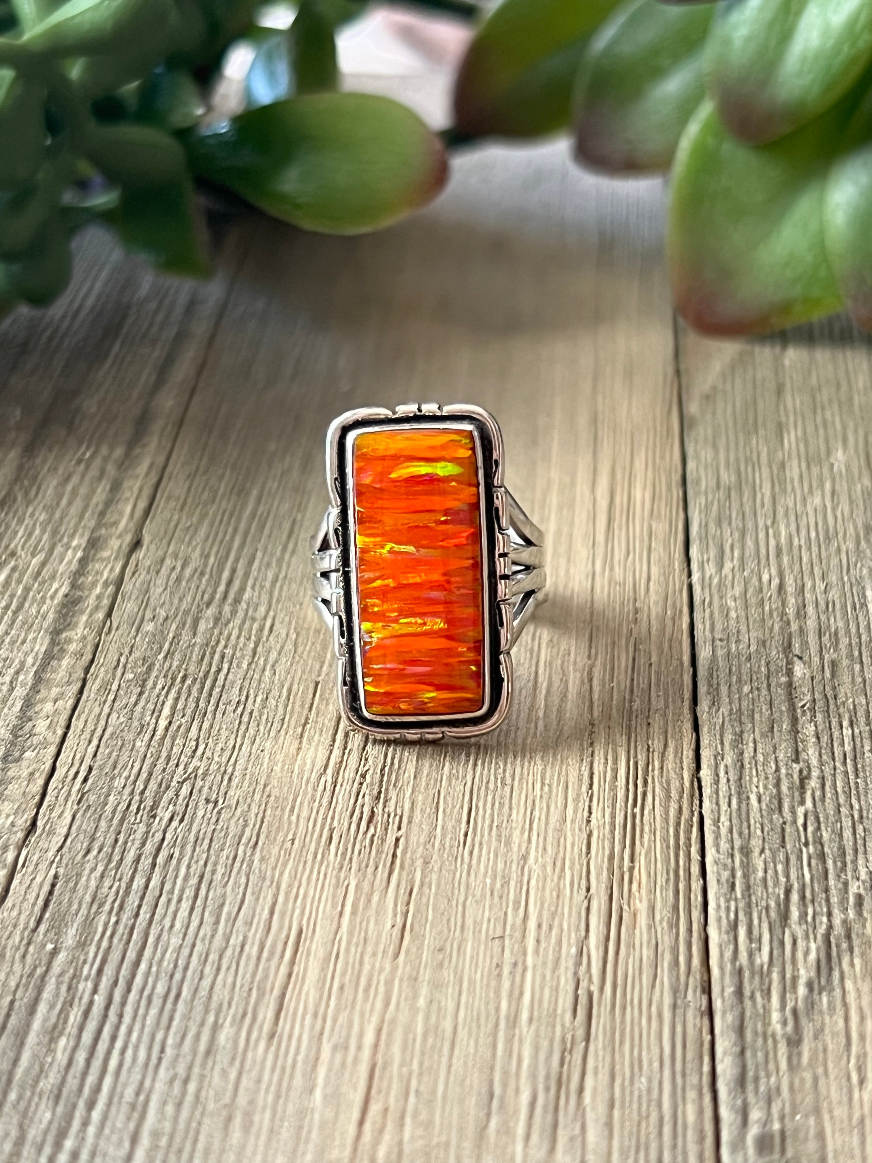 Navajo Made Orange Opal (Man Made) & Sterling Silver Ring