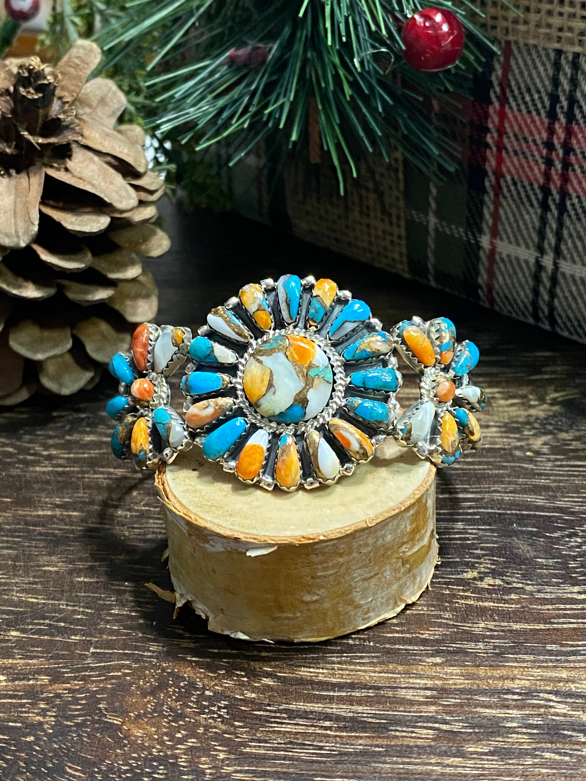 Navajo Made Mohave Turquoise & Sterling Silver Cluster Cuff Bracelet