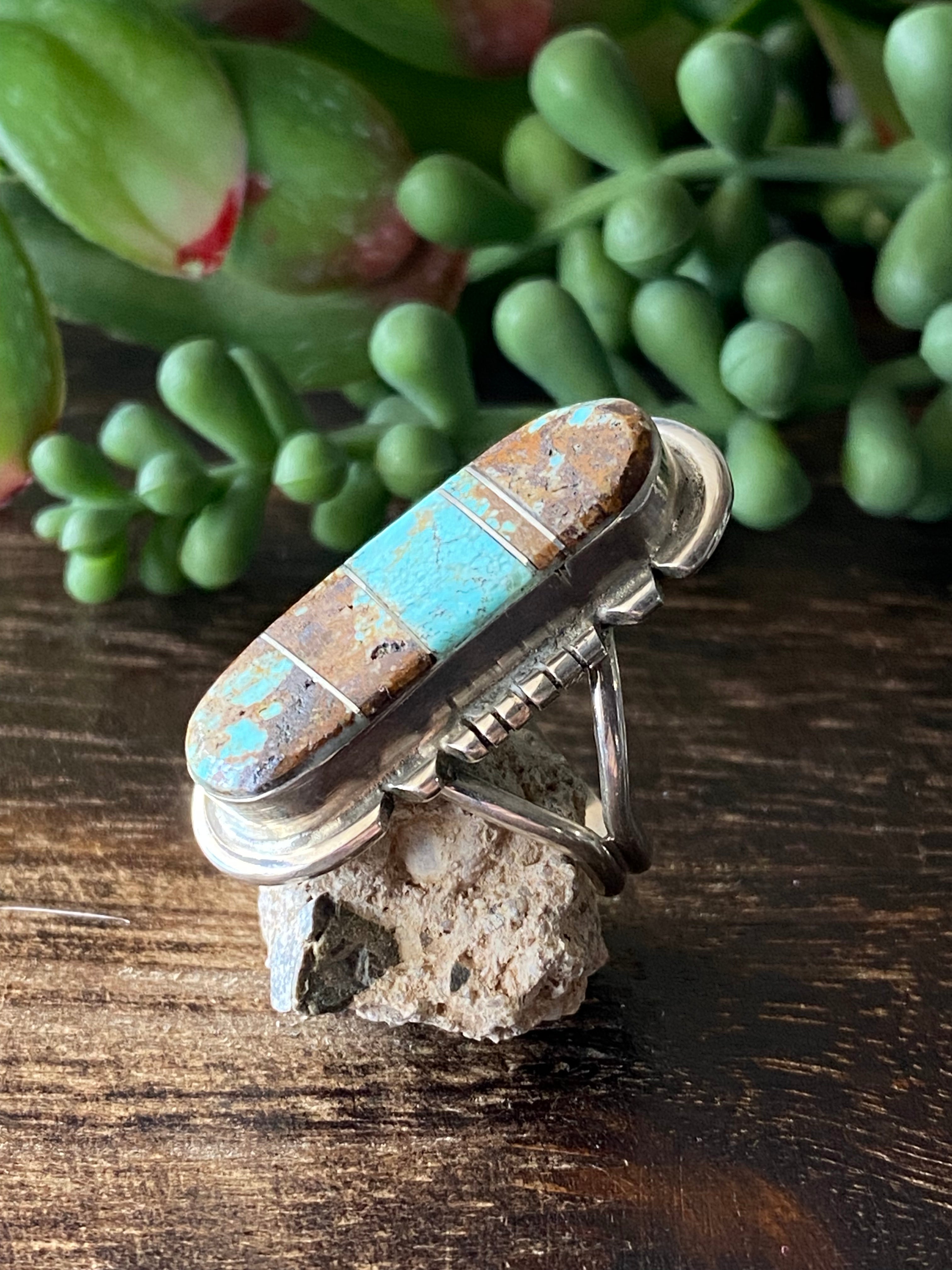 Navajo Made #8 Turquoise & Sterling Silver Inlay Ring Size 6.75