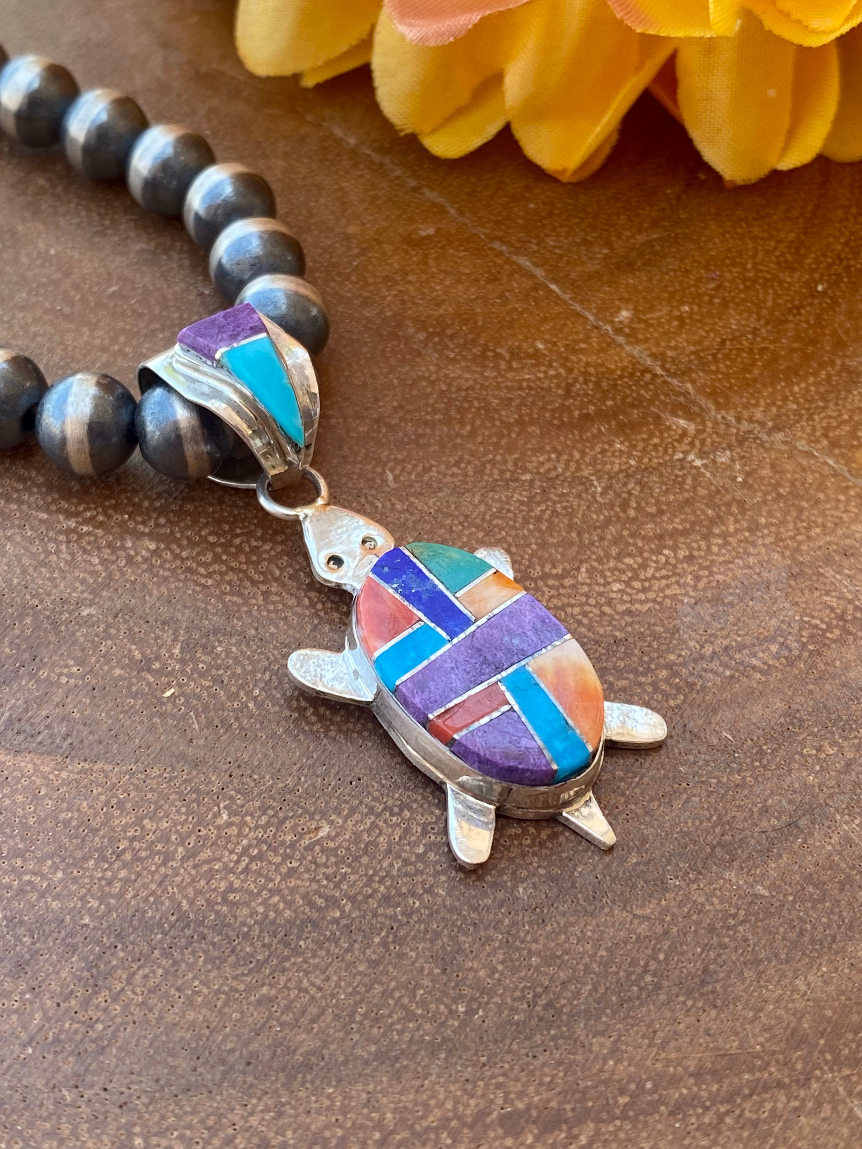 Merle House Multi Stone & Sterling Silver Inlay Turtle Pendant