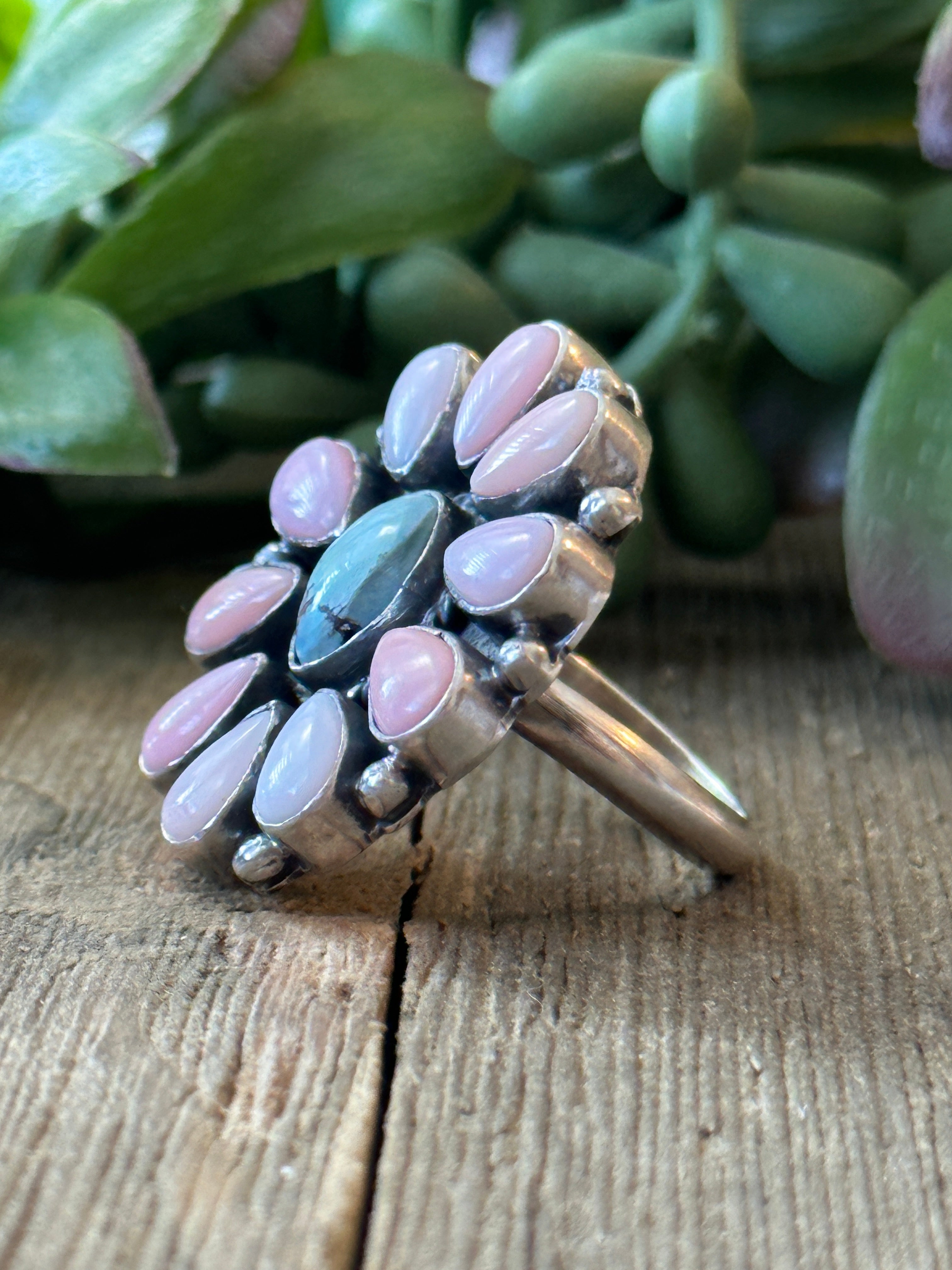 Navajo Made Golden Hill & Pink Conch & Sterling Silver Adjustable Cluster Ring