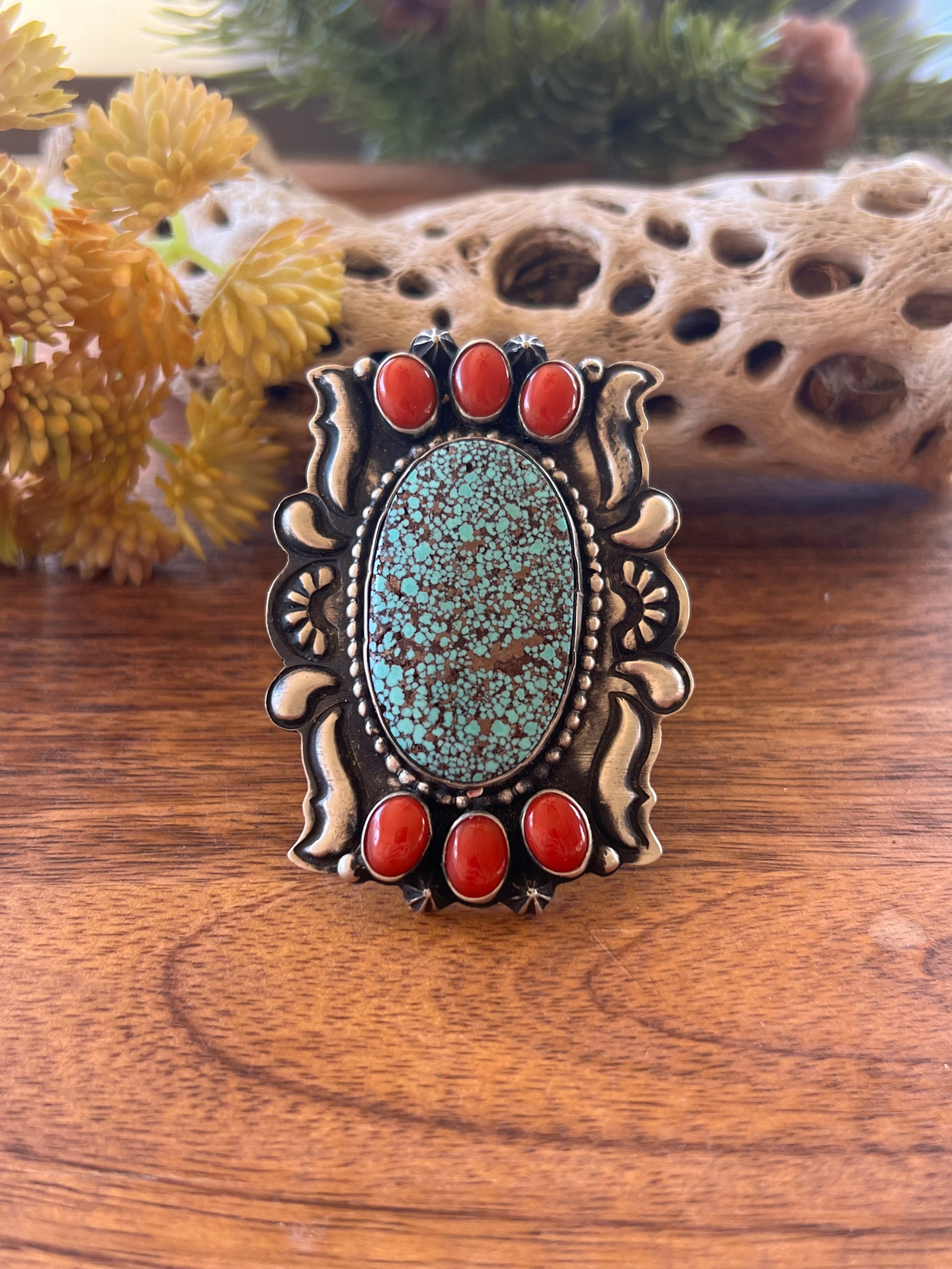 Shawn Cayatineto Turquoise Mountain & Mediterranean Coral & Sterling Silver Ring Size 7.5