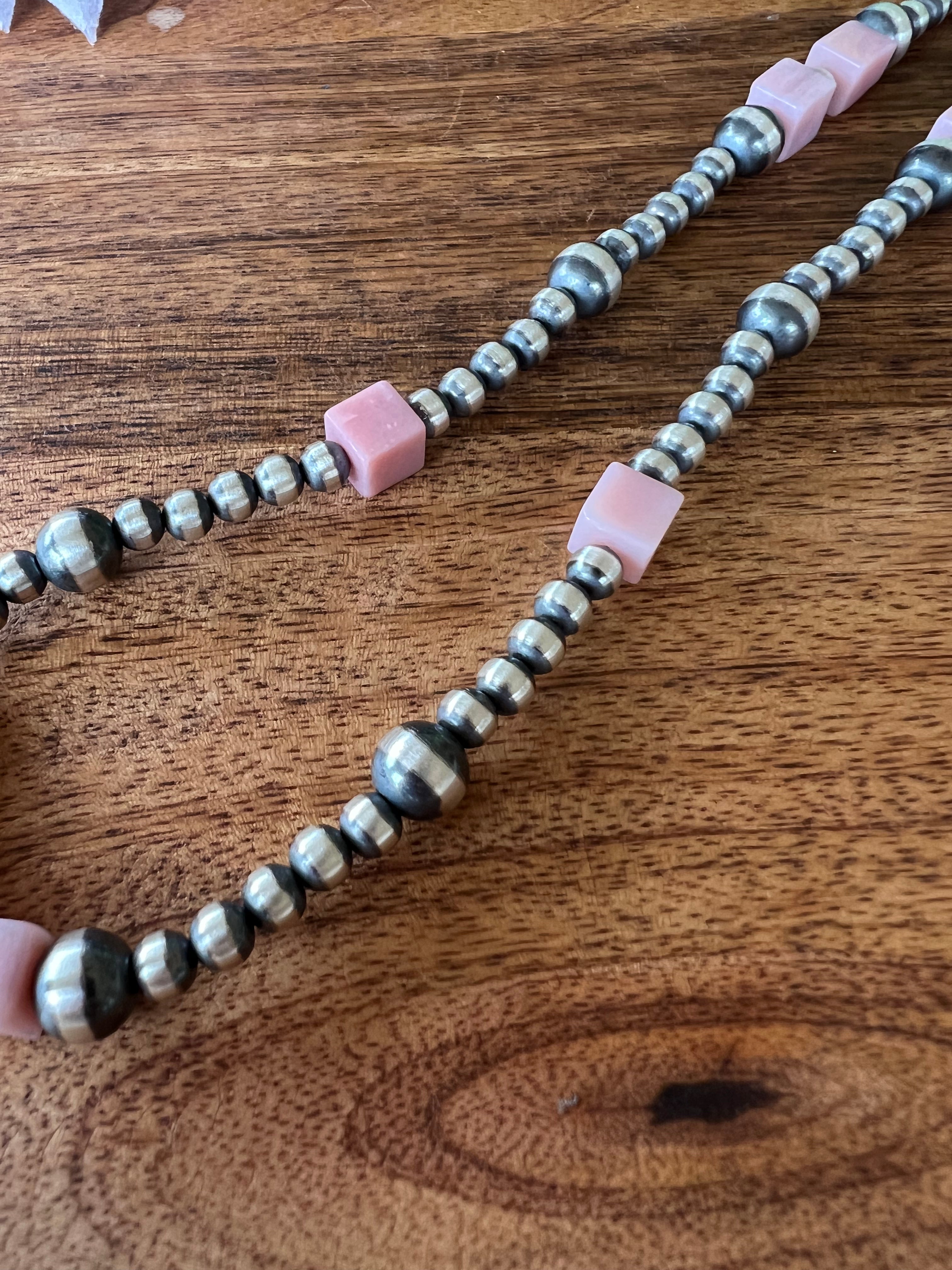 Navajo Pink Coral & Sterling Silver Graduated Pearl Necklace