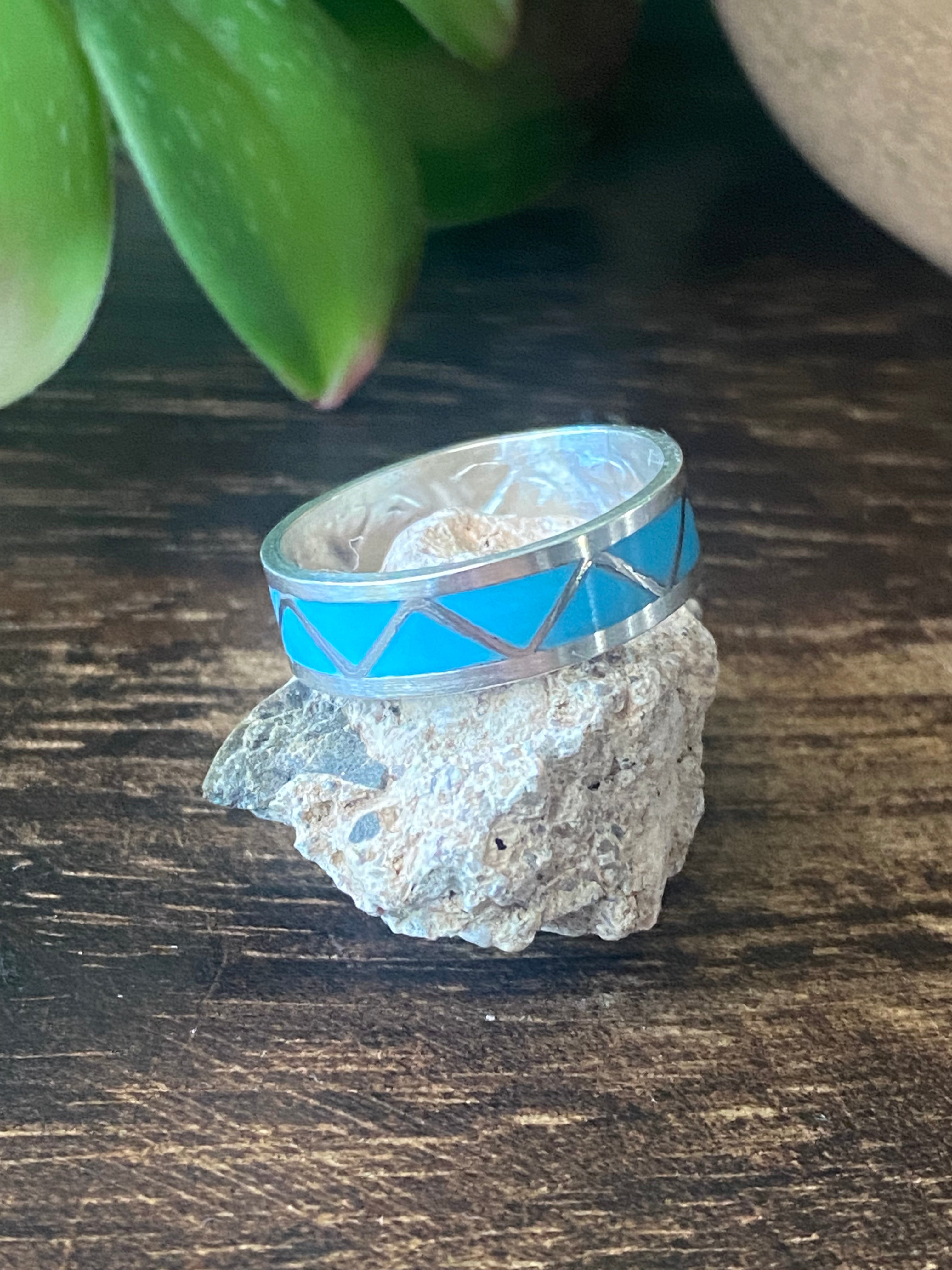 Navajo Made Turquoise & Sterling Silver Inlay Ring Size 6