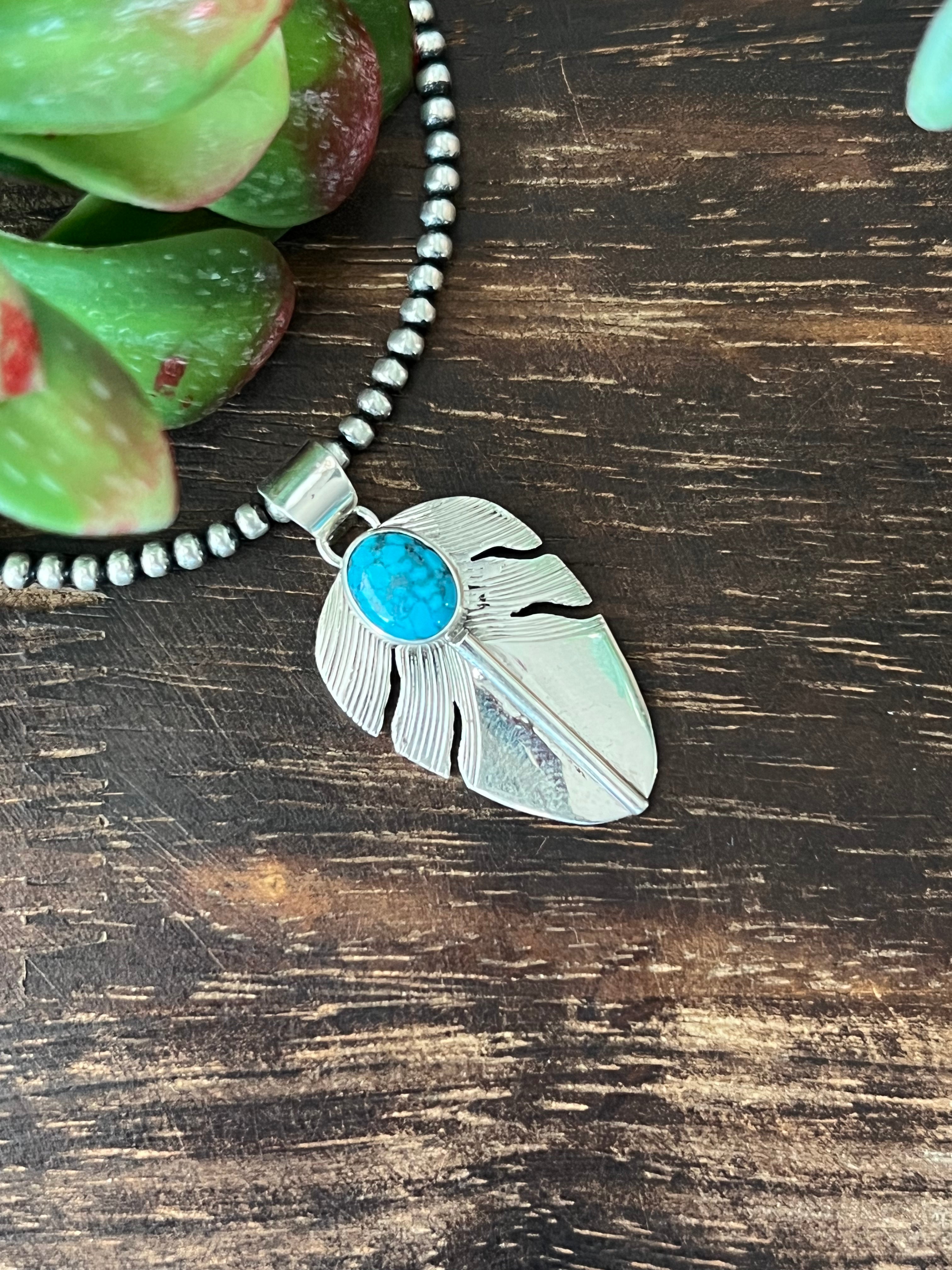 Darrell Wylie Kingman Turquoise & Sterling Silver Feather Pendant