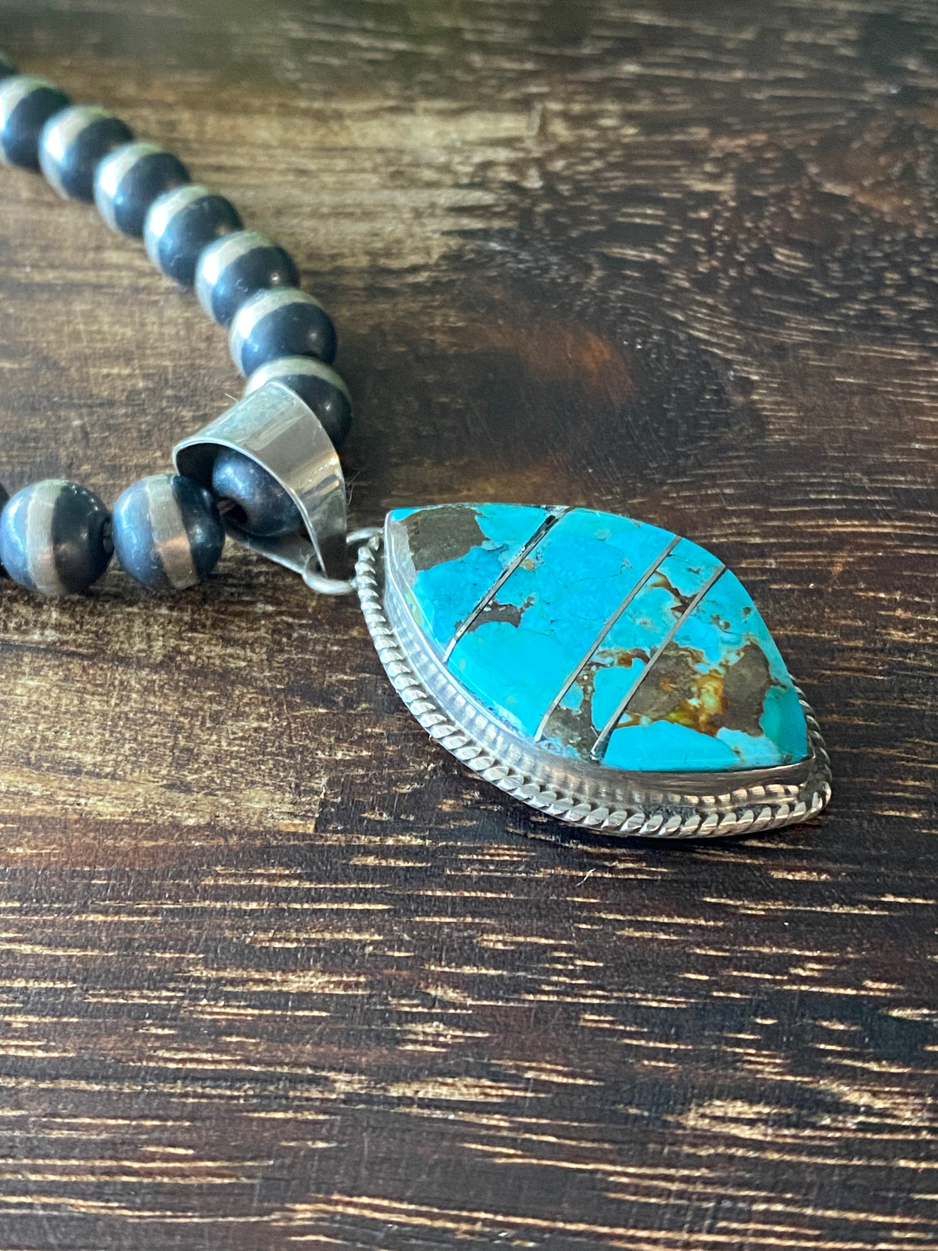 Brandon Etsitty Kingman Turquoise & Sterling Silver Inlay Pendant