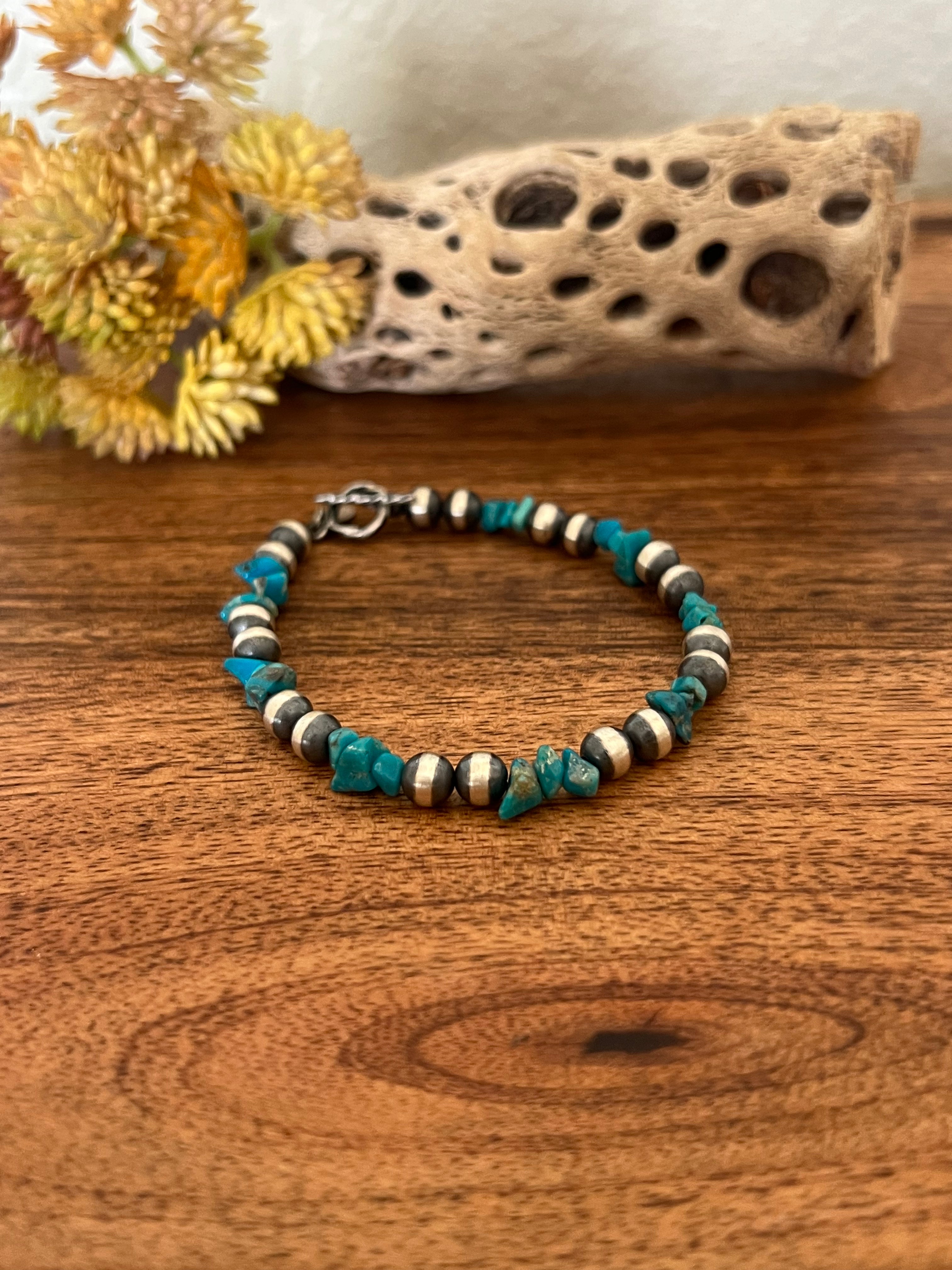 Navajo Strung Kingman Turquoise & Sterling Silver 5 MM Pearl Bracelet