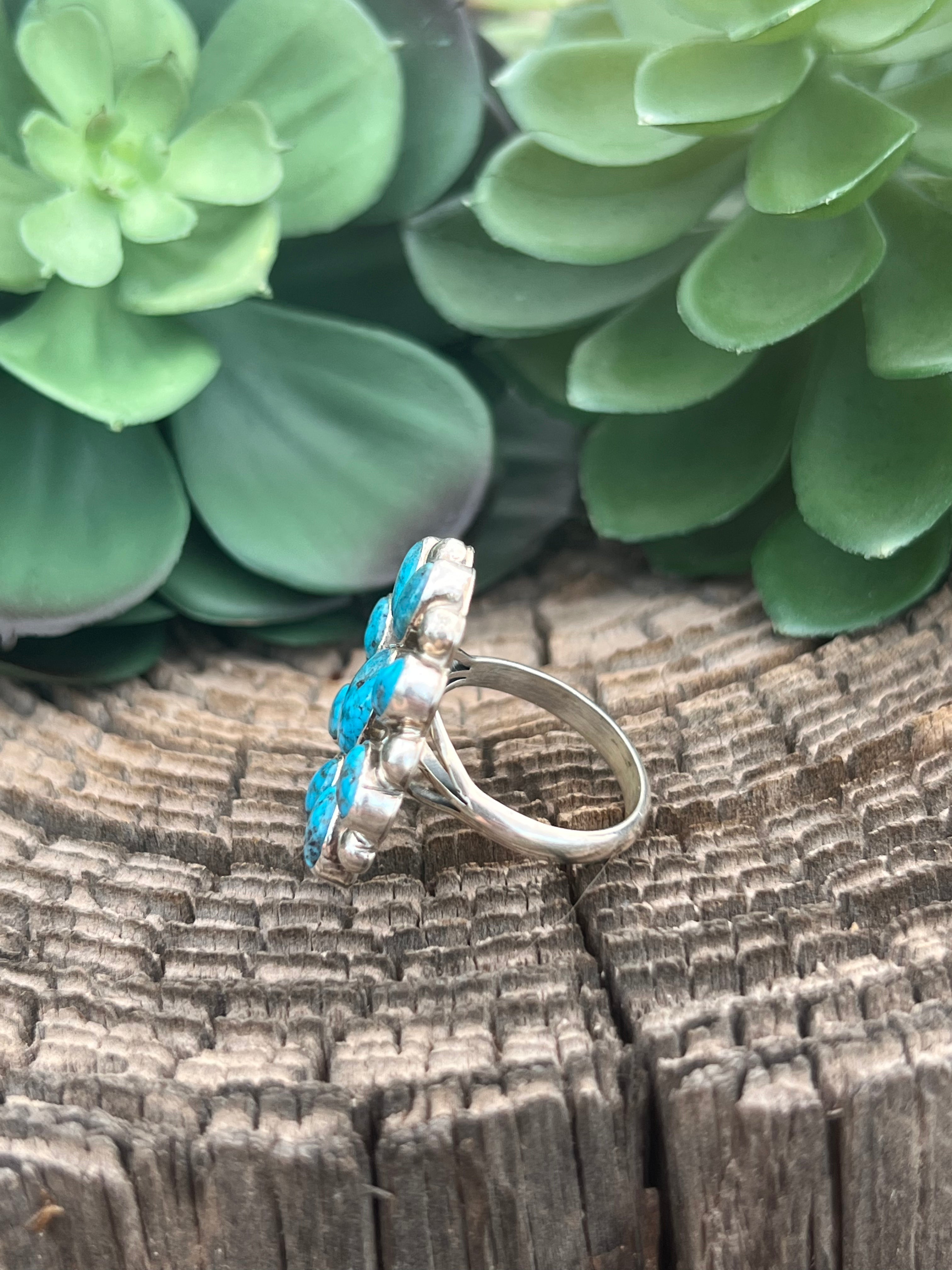 Navajo Turquoise & Sterling Silver Cluster Ring Size 9.25