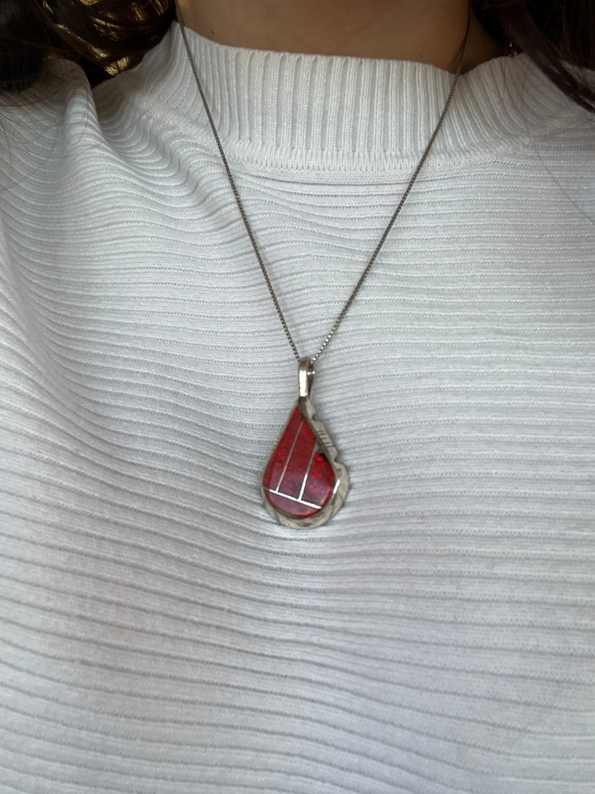 Brandon Etcitty Red Opal (Man Made) & Sterling Silver Inlay Pendant