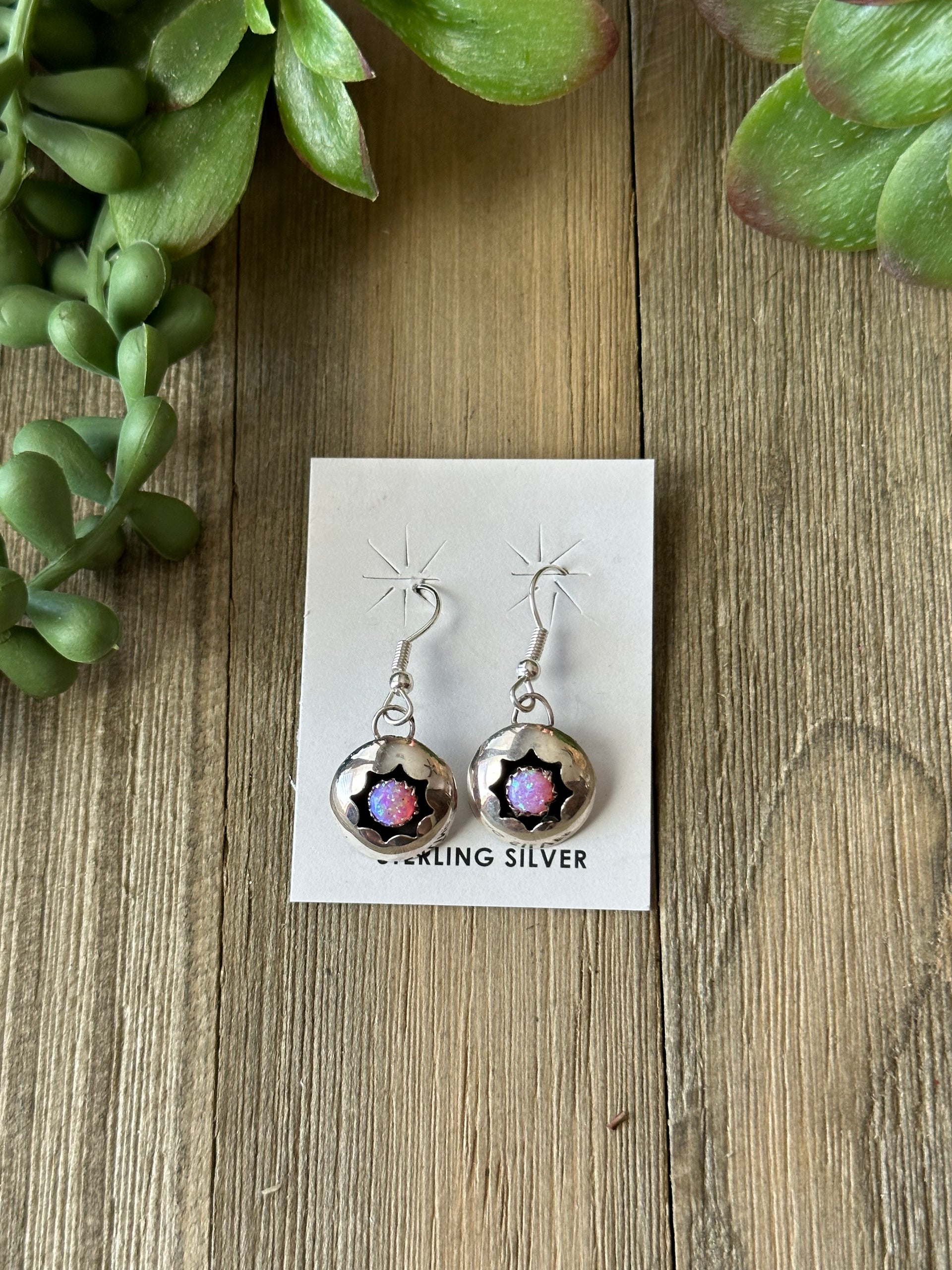 Navajo Made Purple Opal(Man-Made) & Sterling Silver Dangle Earrings