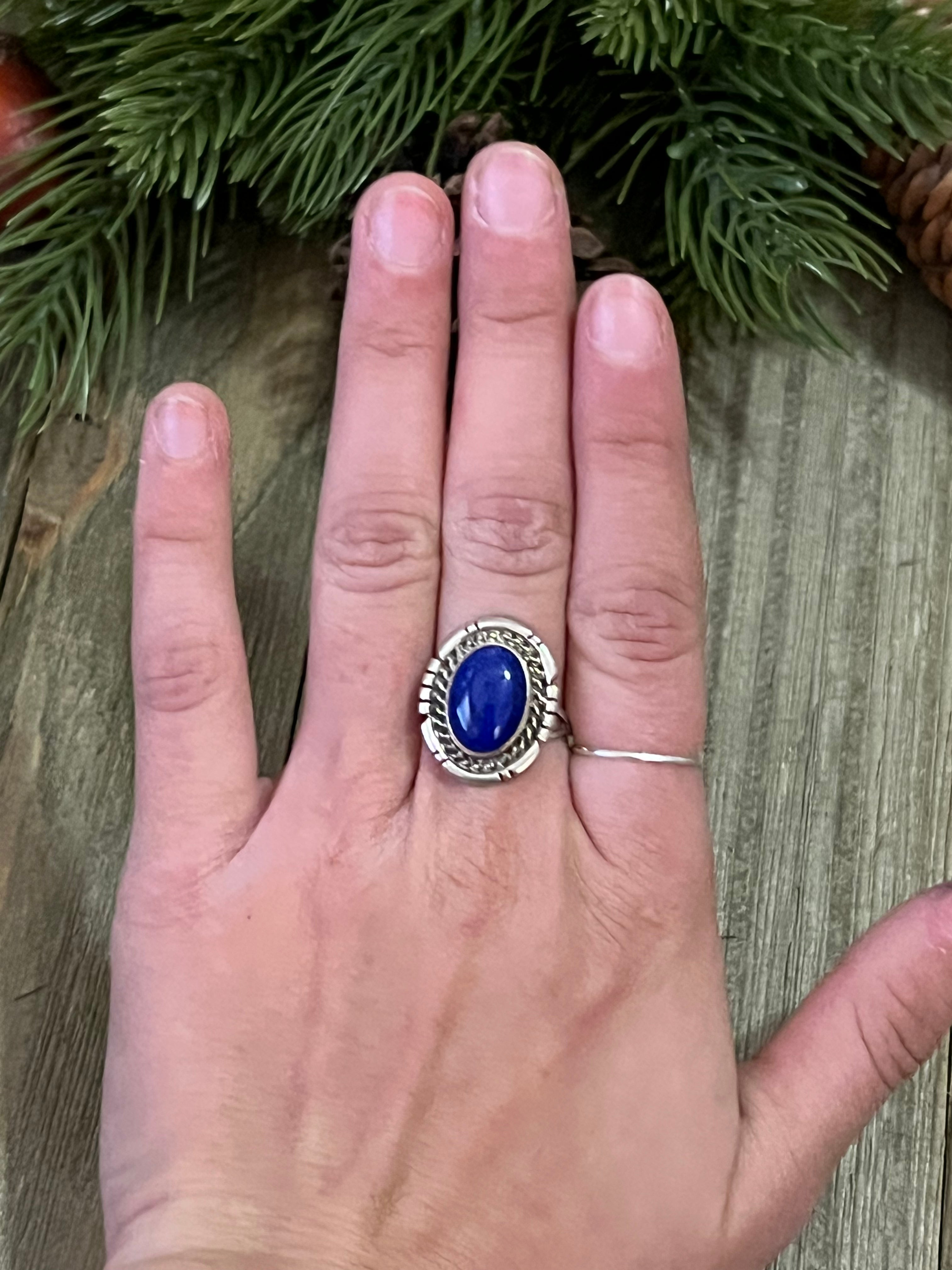 Navajo Made Lapis & Sterling Silver Ring Size 8.25