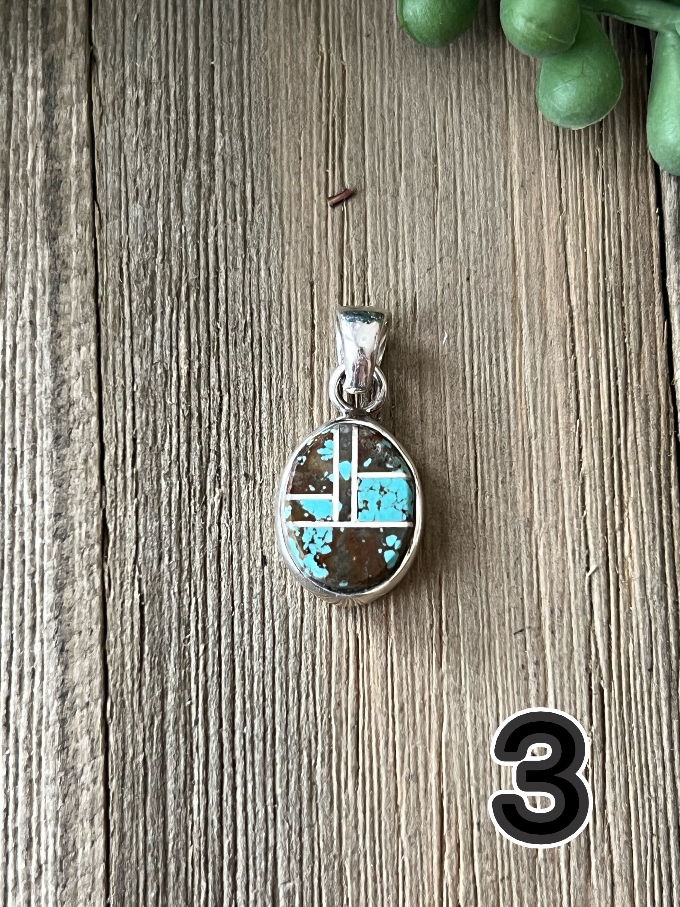 Navajo Made #8 Turquoise & Sterling Silver Inlay Pendant