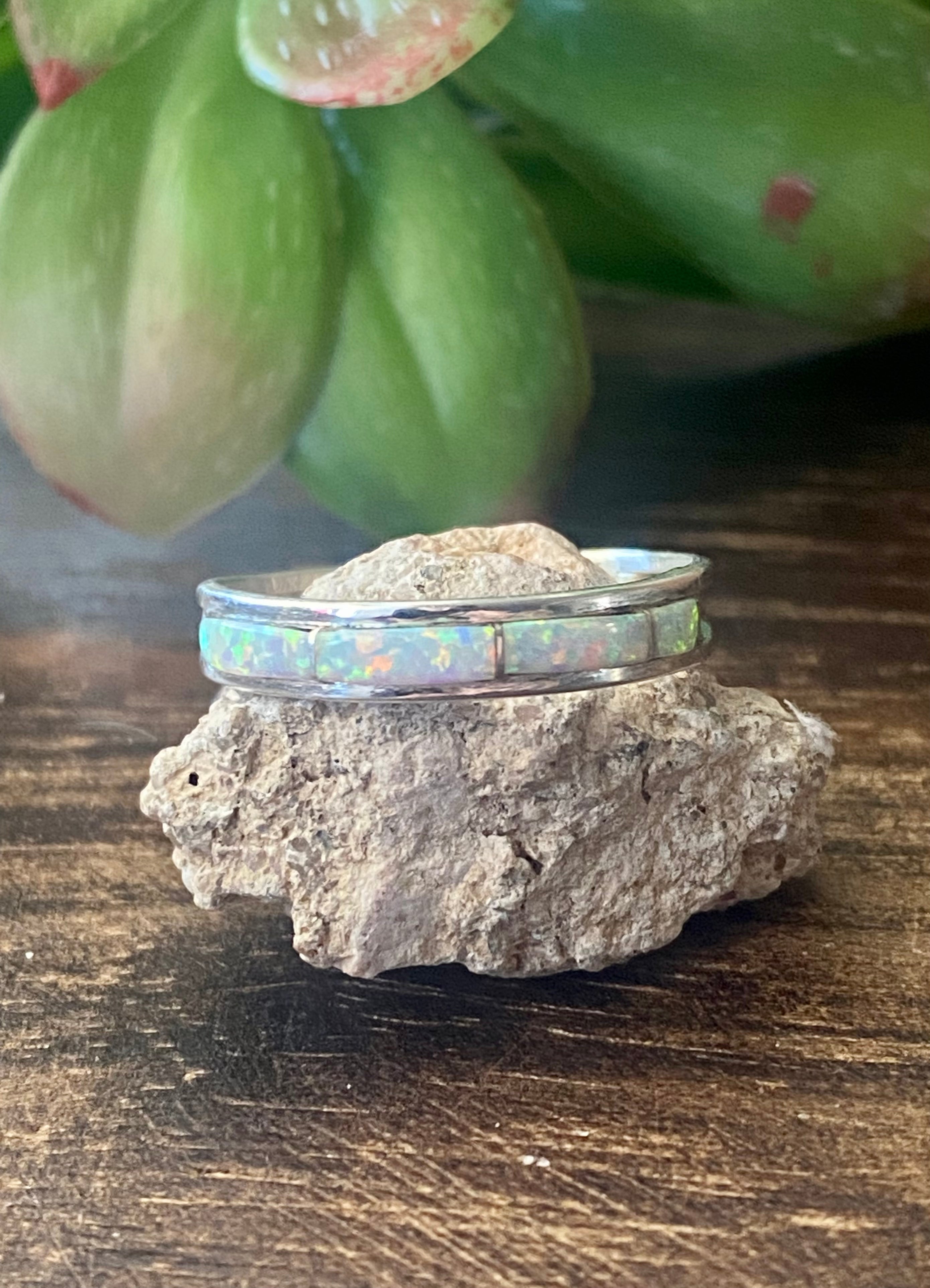 Navajo Made White Opal & Sterling Silver Inlay Rings