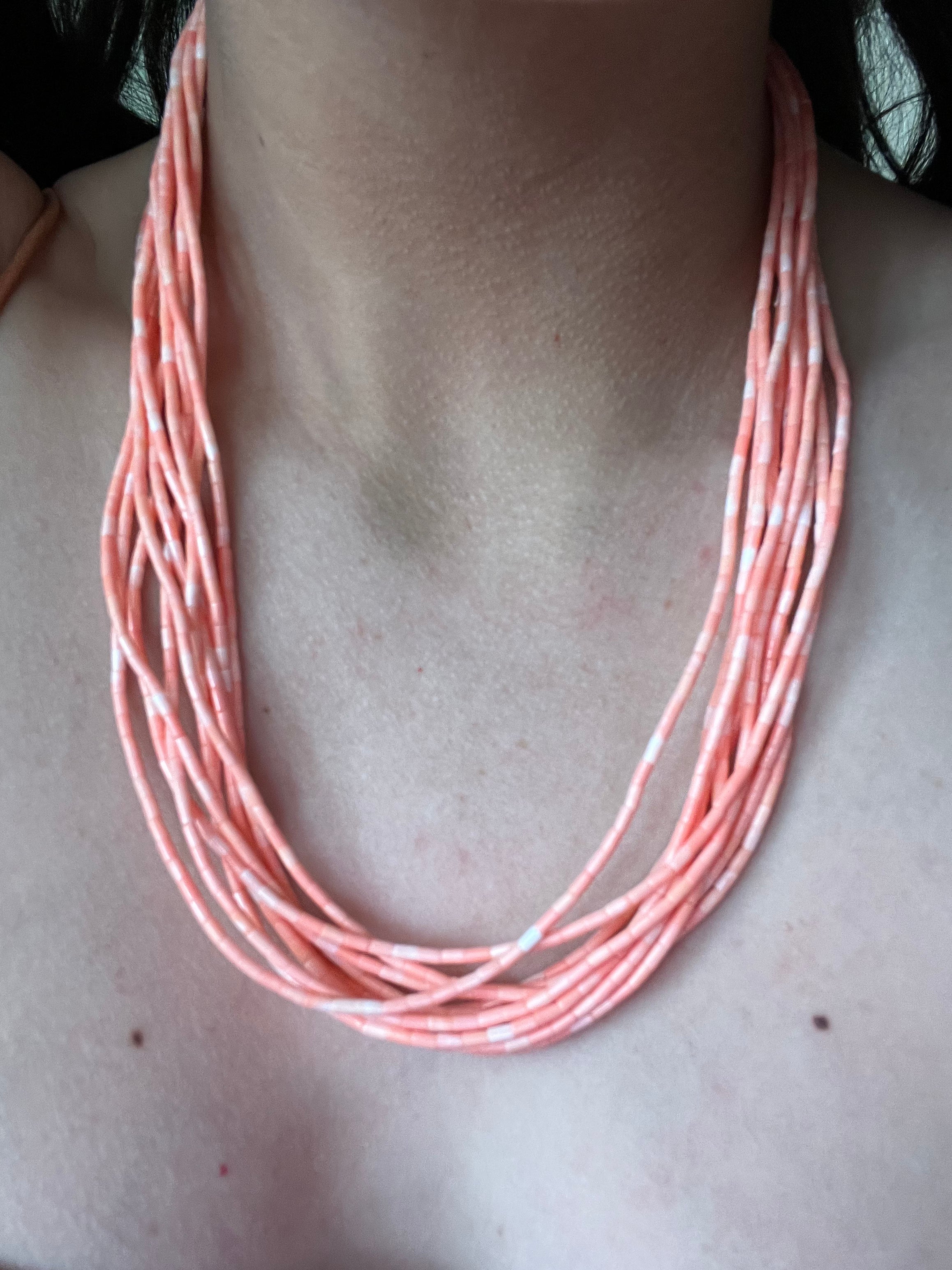 Navajo Strung Pink Salmon Coral & Sterling Silver Beaded Layered Necklace