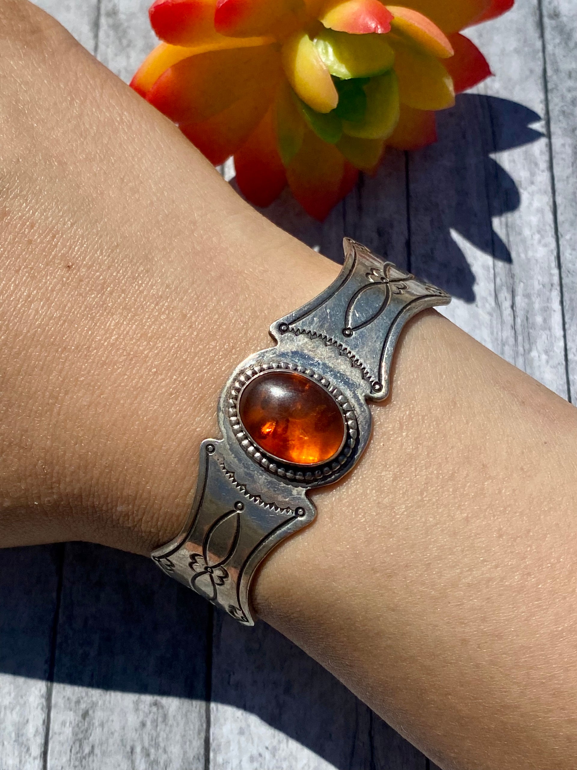 Pawn Navajo Made Amber & Sterling Silver Cuff Bracelet