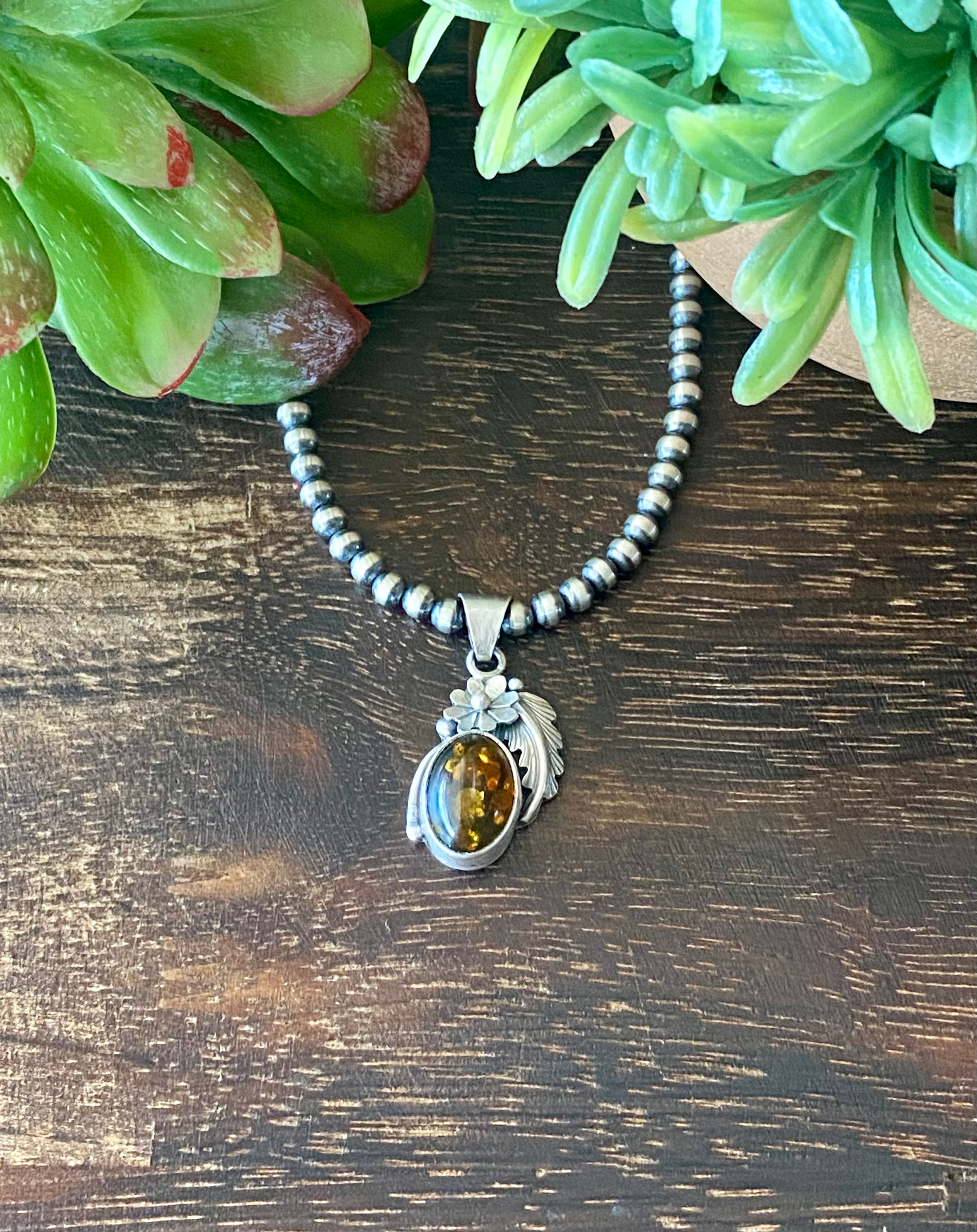Navajo Made Amber & Sterling Silver Feather Pendant