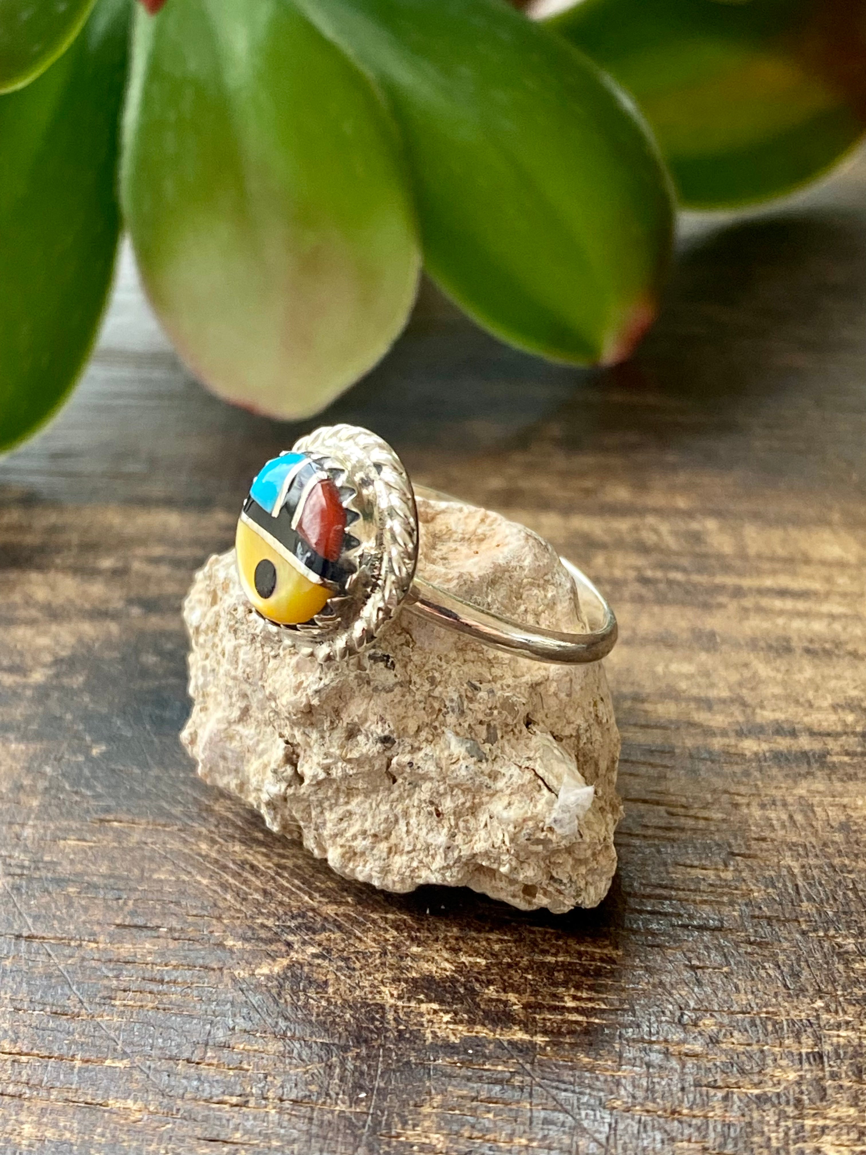 Zuni Made Multi Stone & Sterling Silver Sunface Inlay Ring