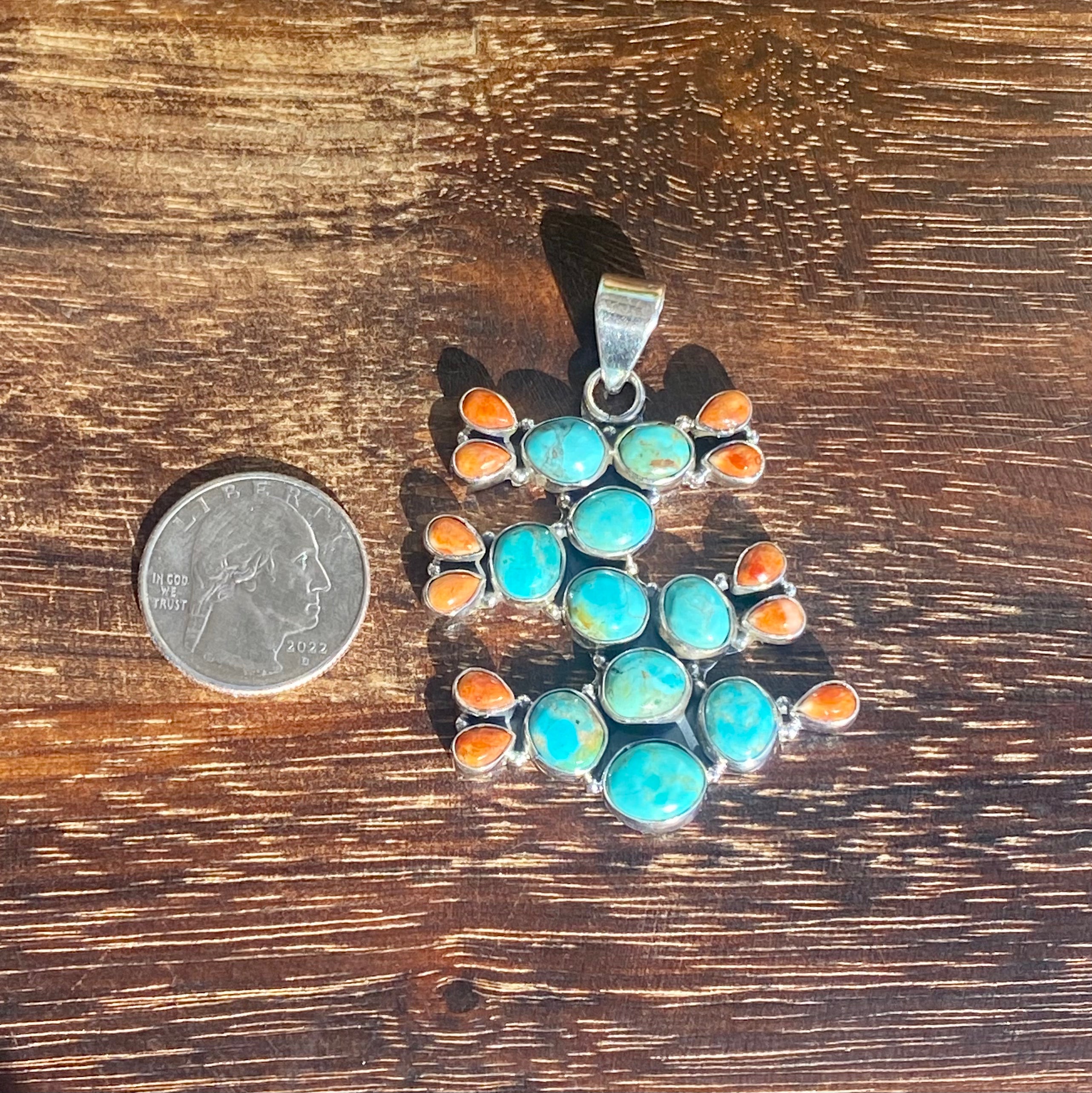 coin with prickly pear cactus Southwest Handmade Kingman Turquoise & Spiny Oys Sterling Silver Prickly Pear Cactus Pendants