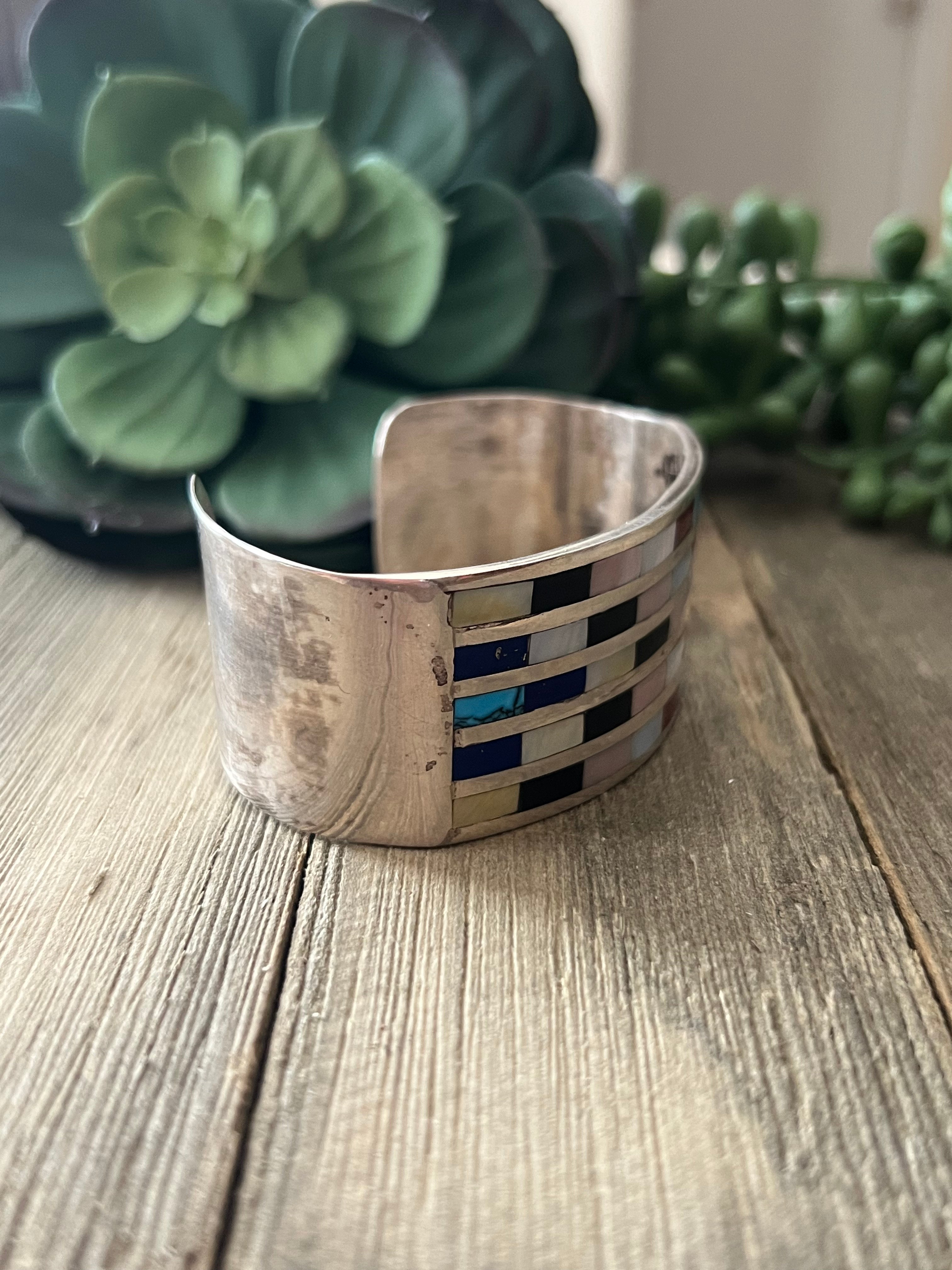 Zuni Made Multi Stone & Sterling Silver Inlay Cuff Bracelet