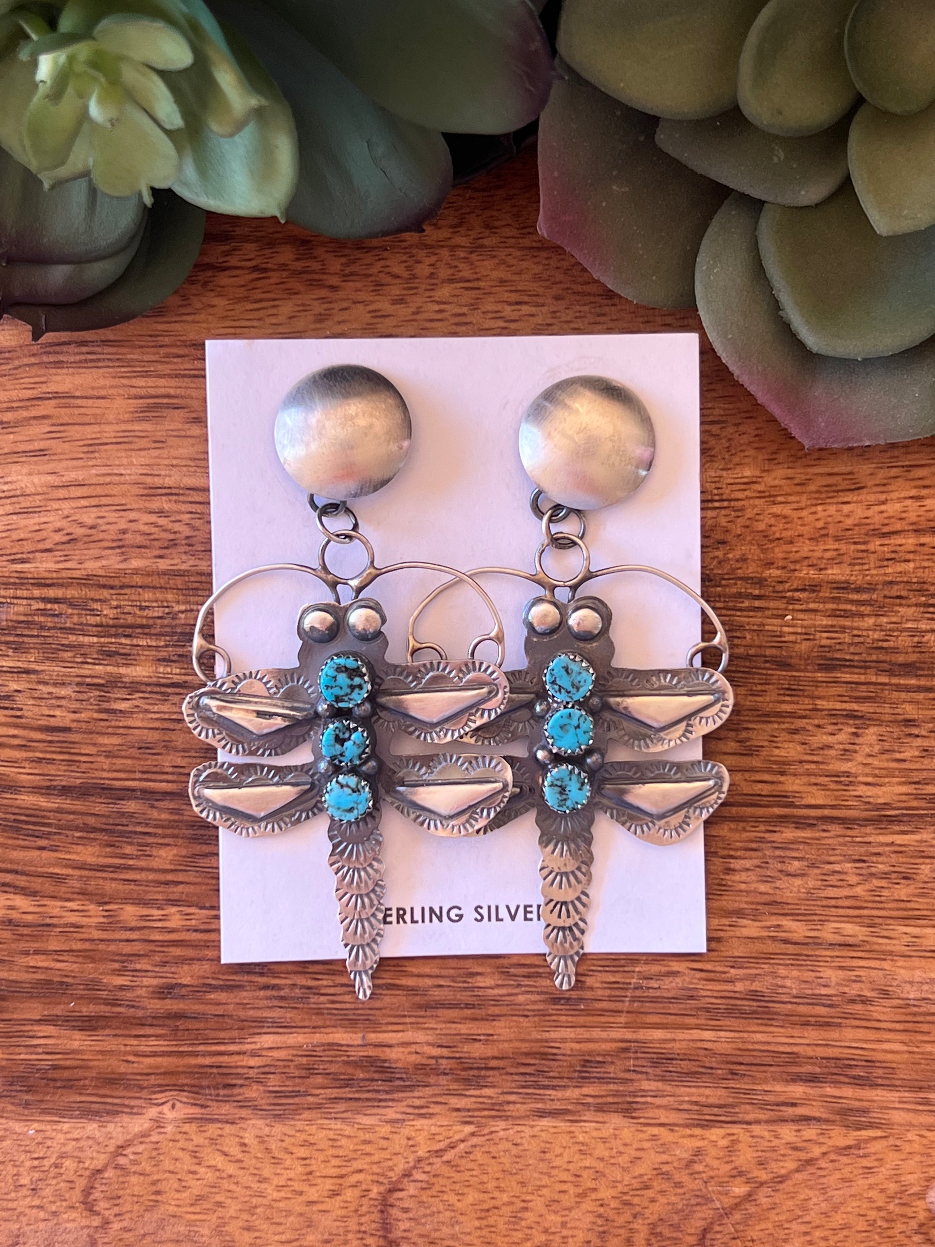 Tim Yazzie Kingman Turquoise & Sterling Silver Dragonfly Post Dangle Earrings