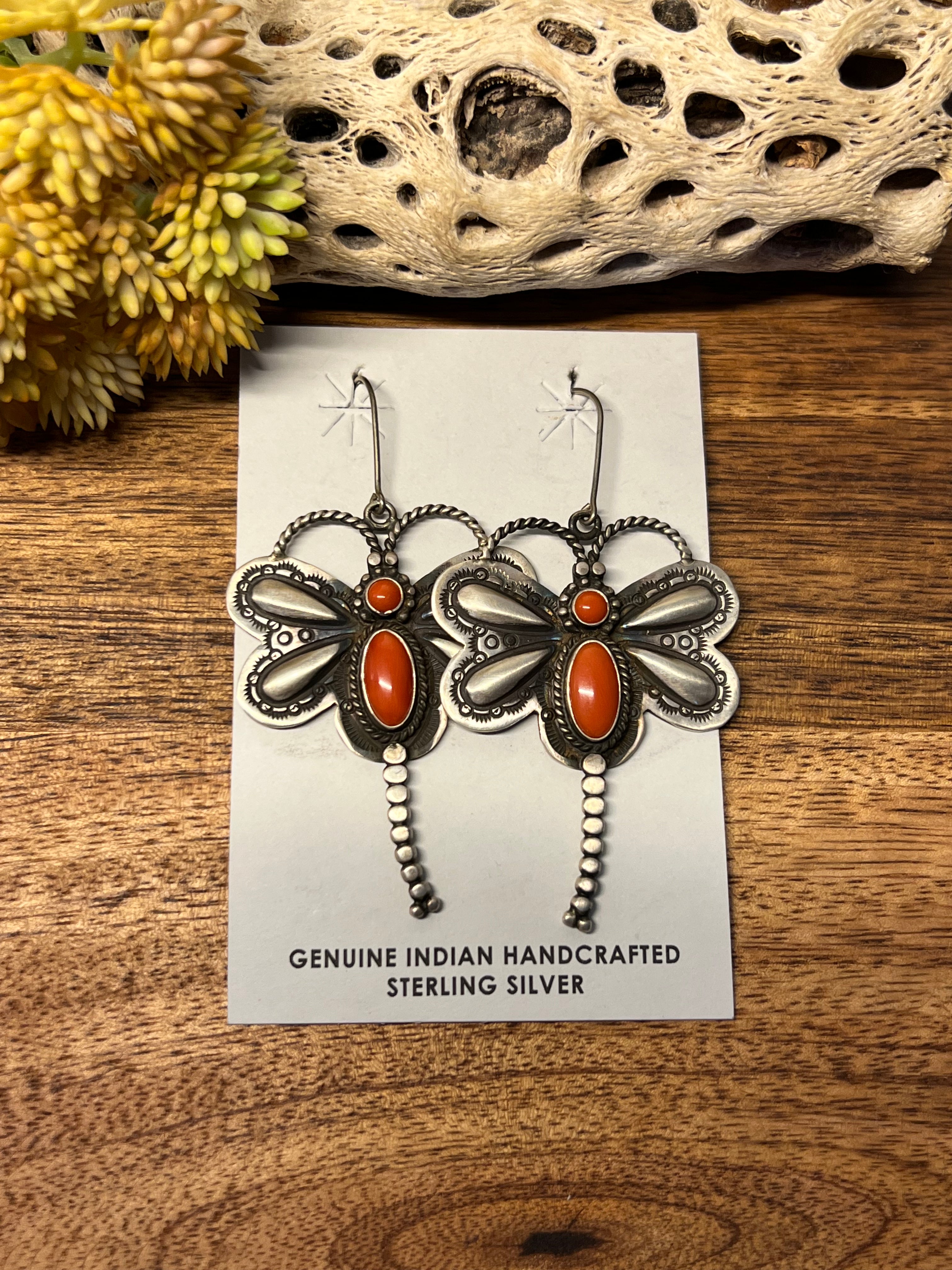Vintage Navajo Natural Coral & Sterling Silver Dragonfly Dangle Earrings