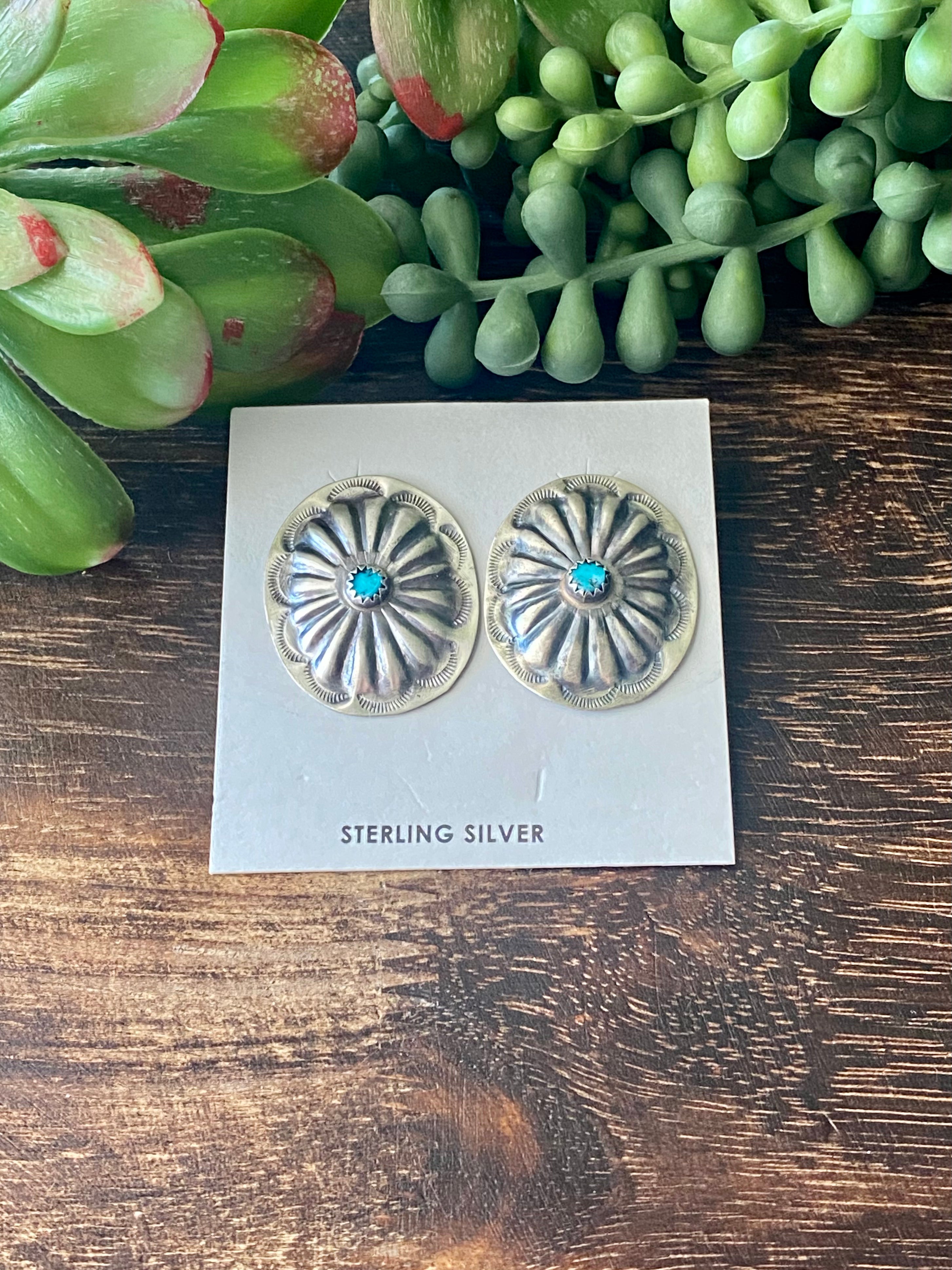 Navajo Made Kingman Turquoise & Sterling Silver Post Earrings