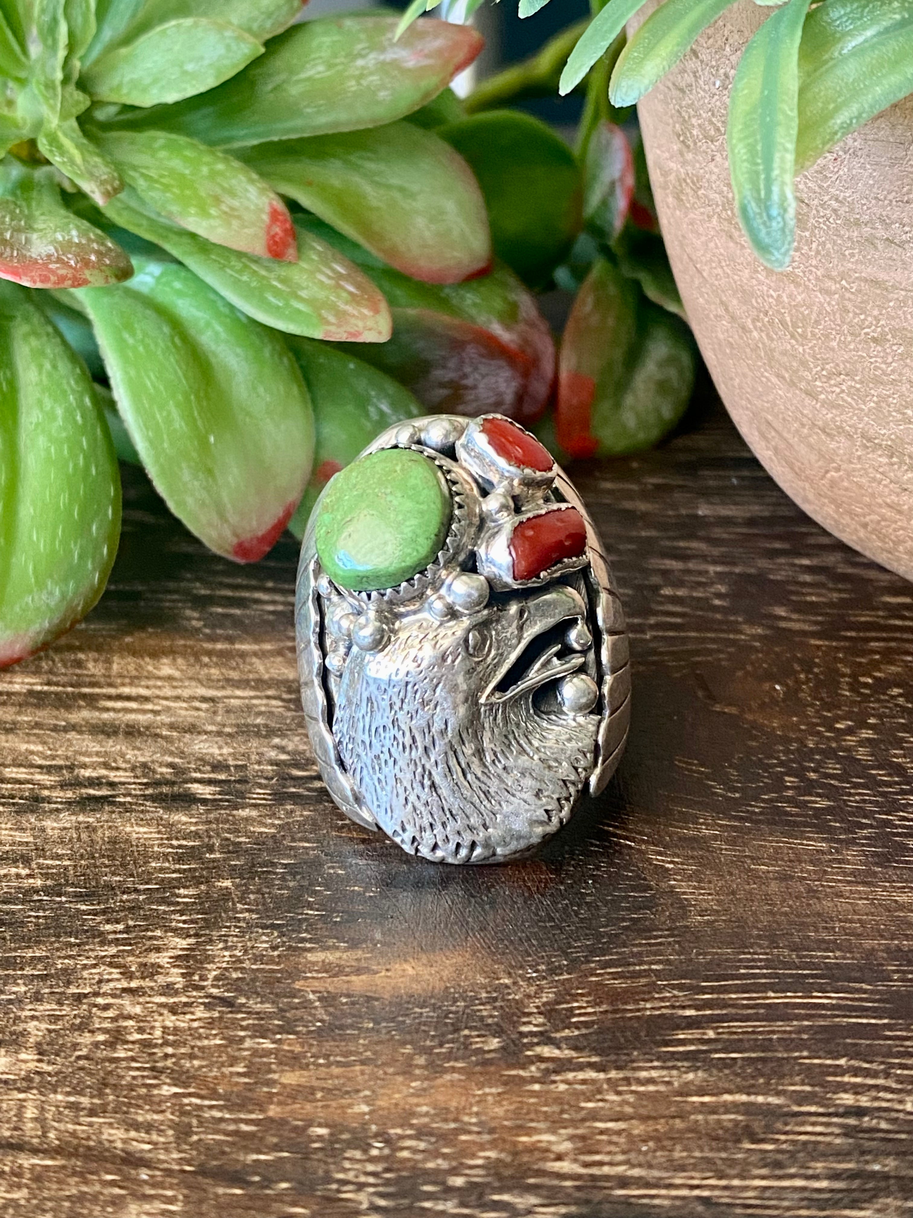 Navajo Made Multi Stone & Sterling Silver Eagle Ring Size 11.5
