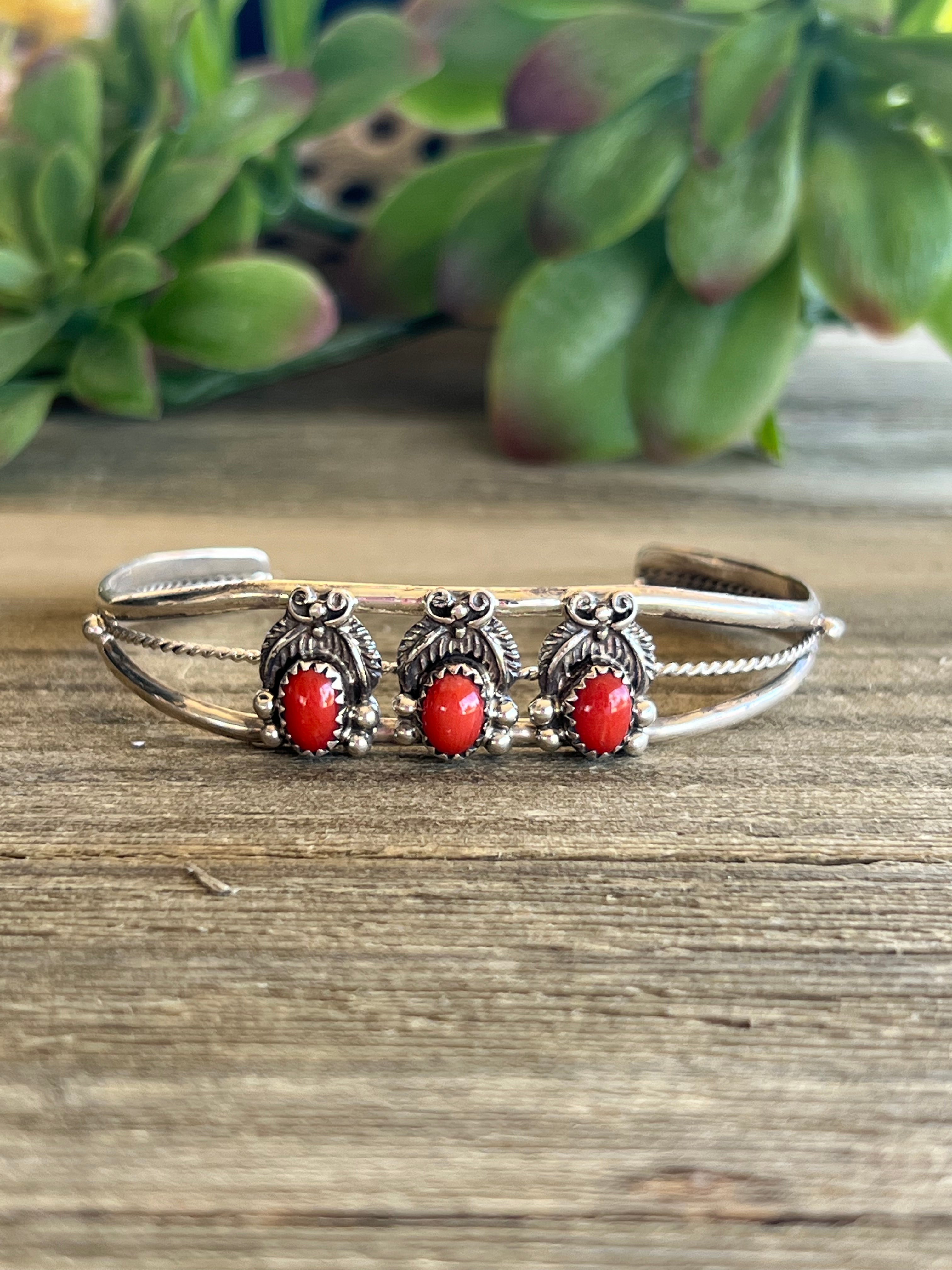 Jeff Shorty Red Coral & Sterling Silver Bracelet Cuff