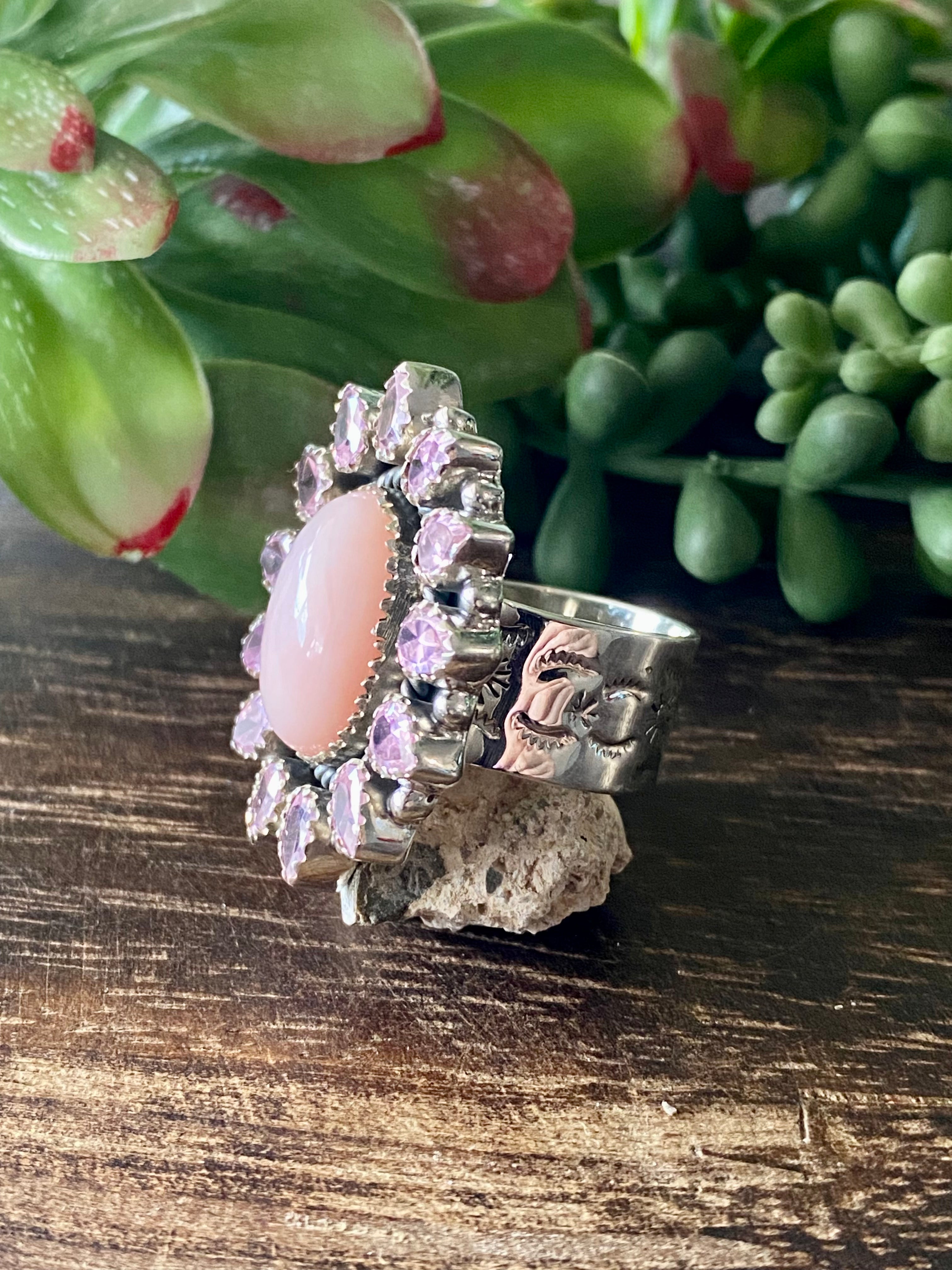 Southwest Handmade Rose Quartz & Amethyst Sterling Silver Cluster Adjustable Ring Size 6