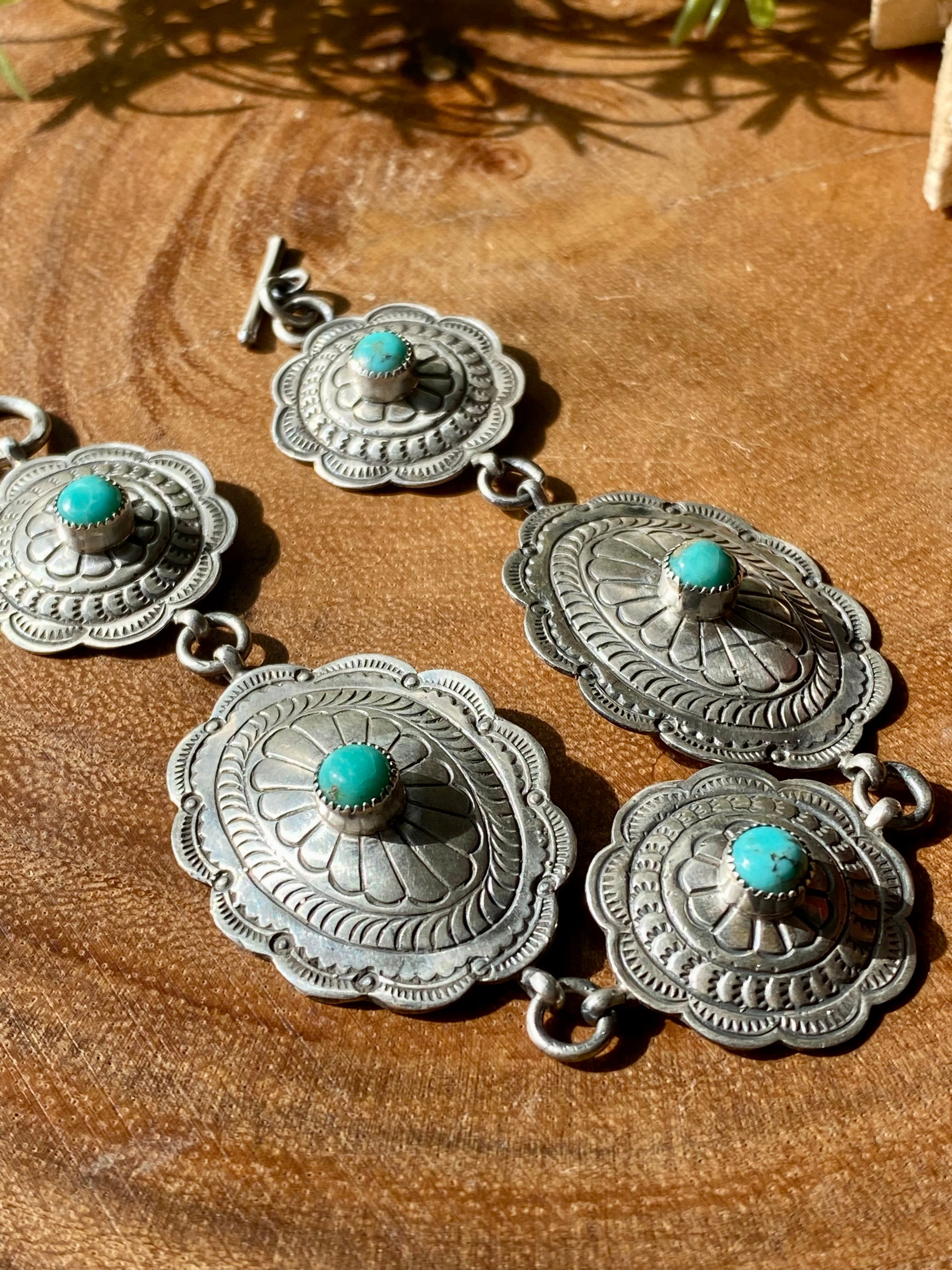 Navajo Made Kingman Turquoise & Sterling Silver Concho Link Bracelet