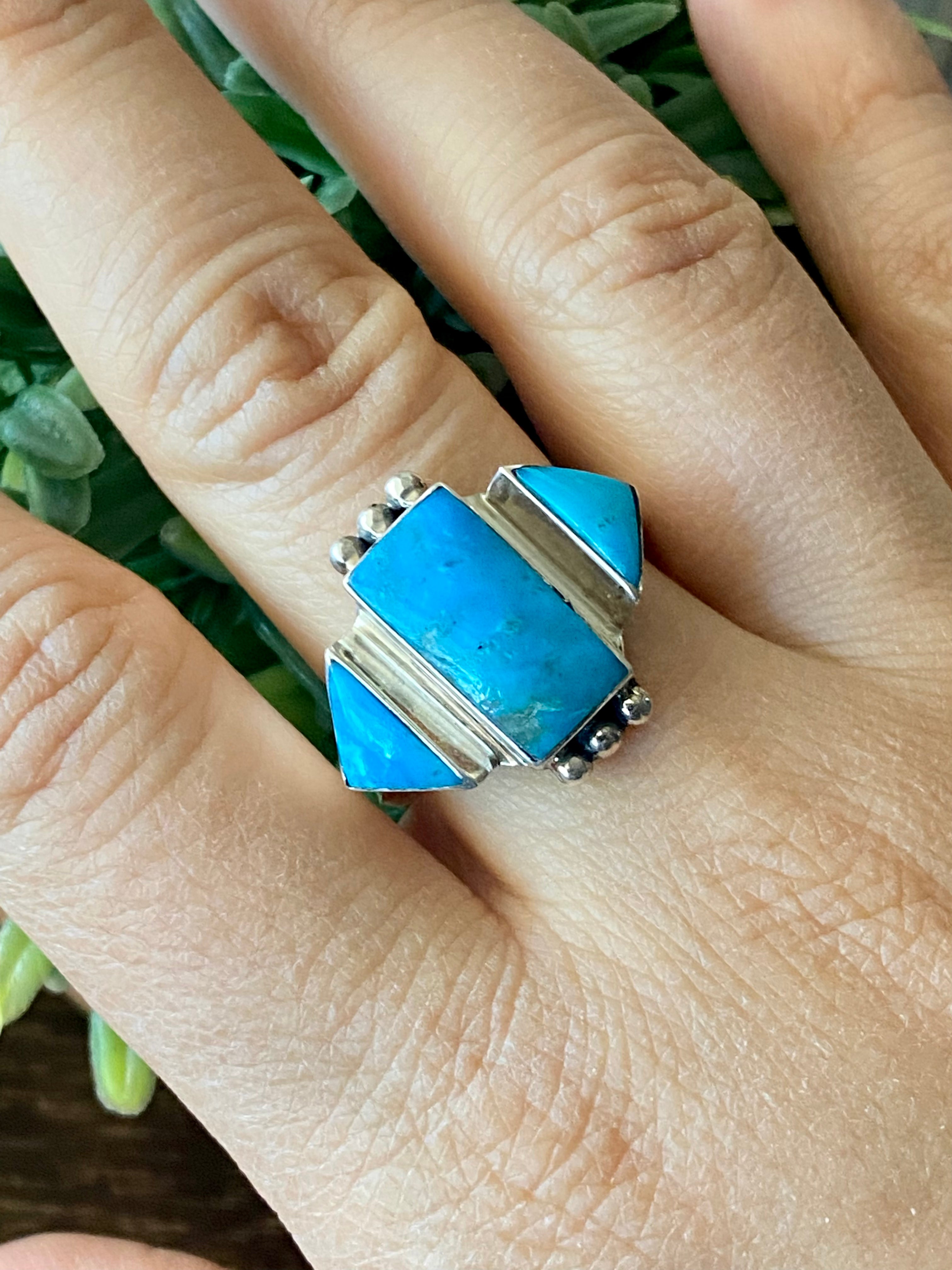 Genevieve Francisco Kingman Turquoise & Sterling Silver Ring Size 12