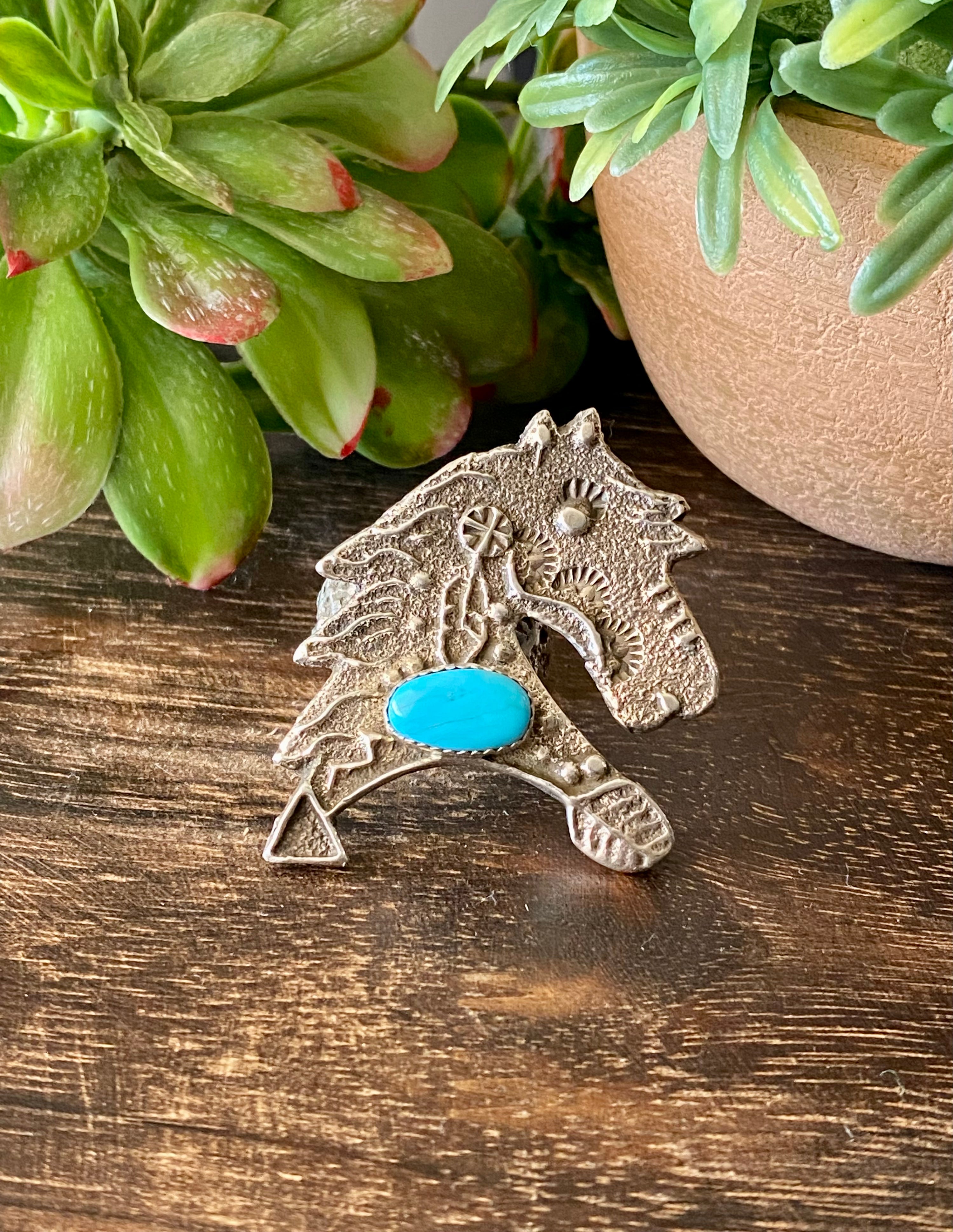 Delbert Arviso Kingman Turquoise & Sterling Silver Tufa Cast Horse Ring Size 9.75