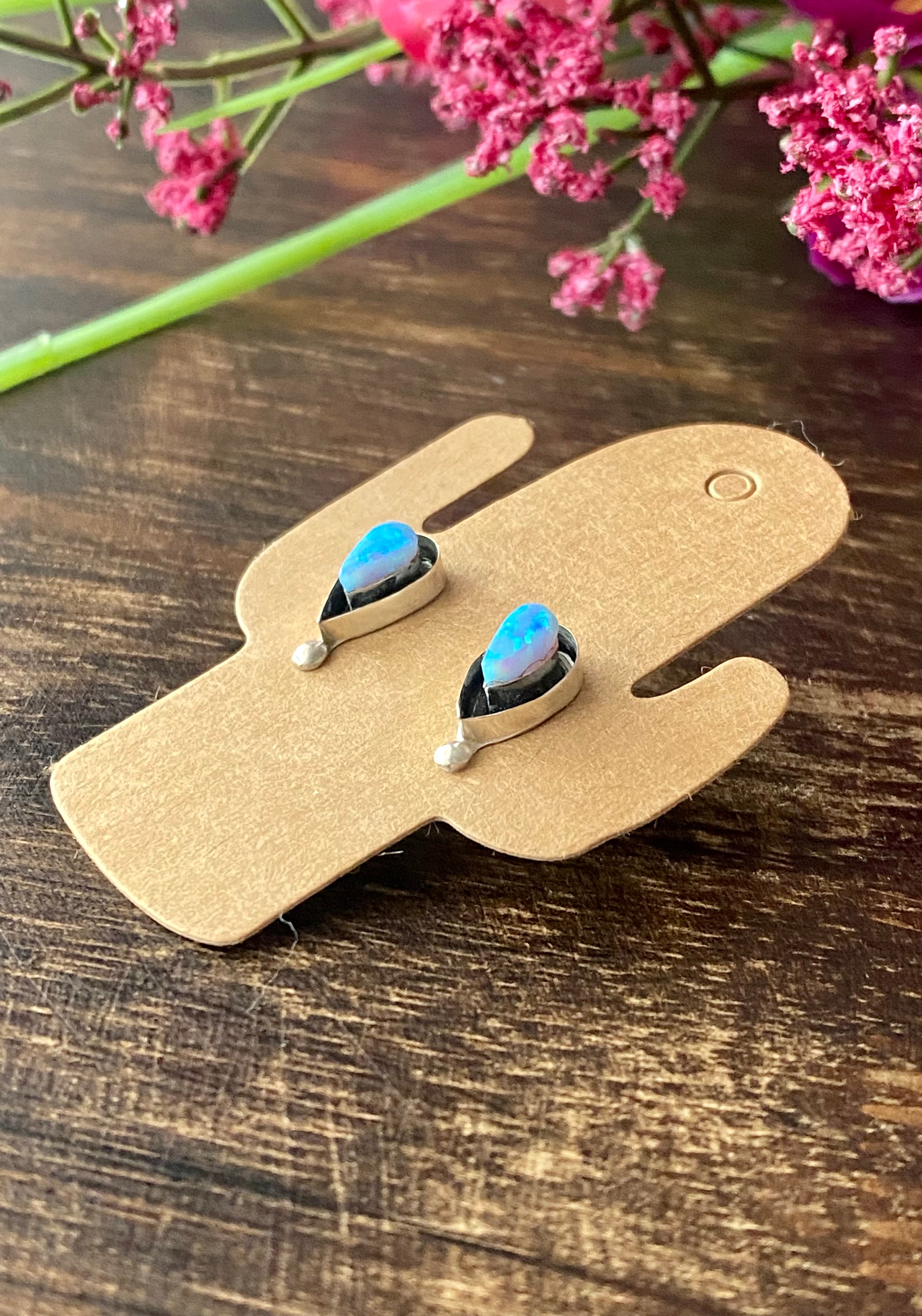 Navajo Made Blue Opal & Sterling Silver Post Studs Earrings