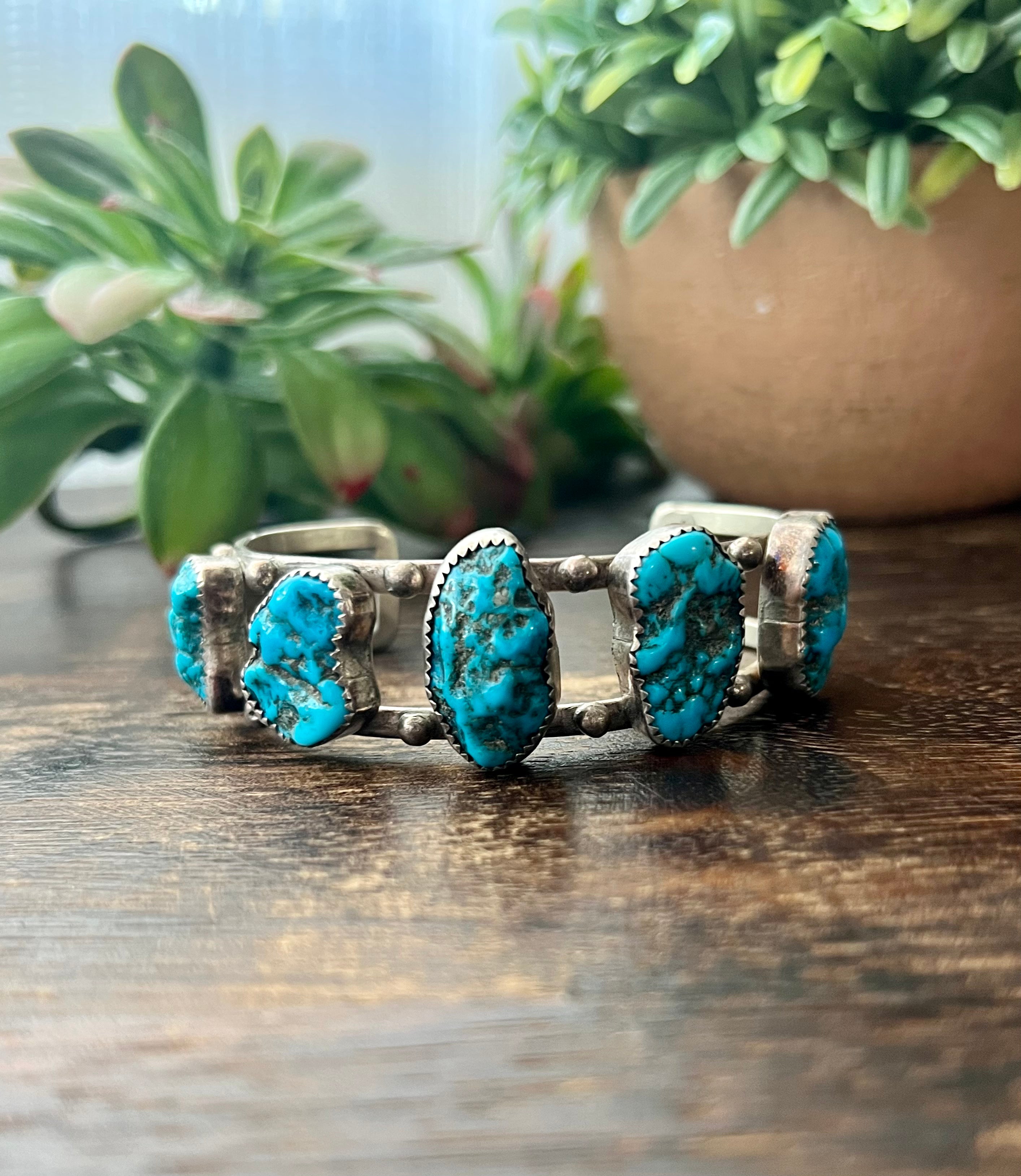 Vintage Navajo Made Kingman Turquoise & Sterling Silver Cuff Bracelets