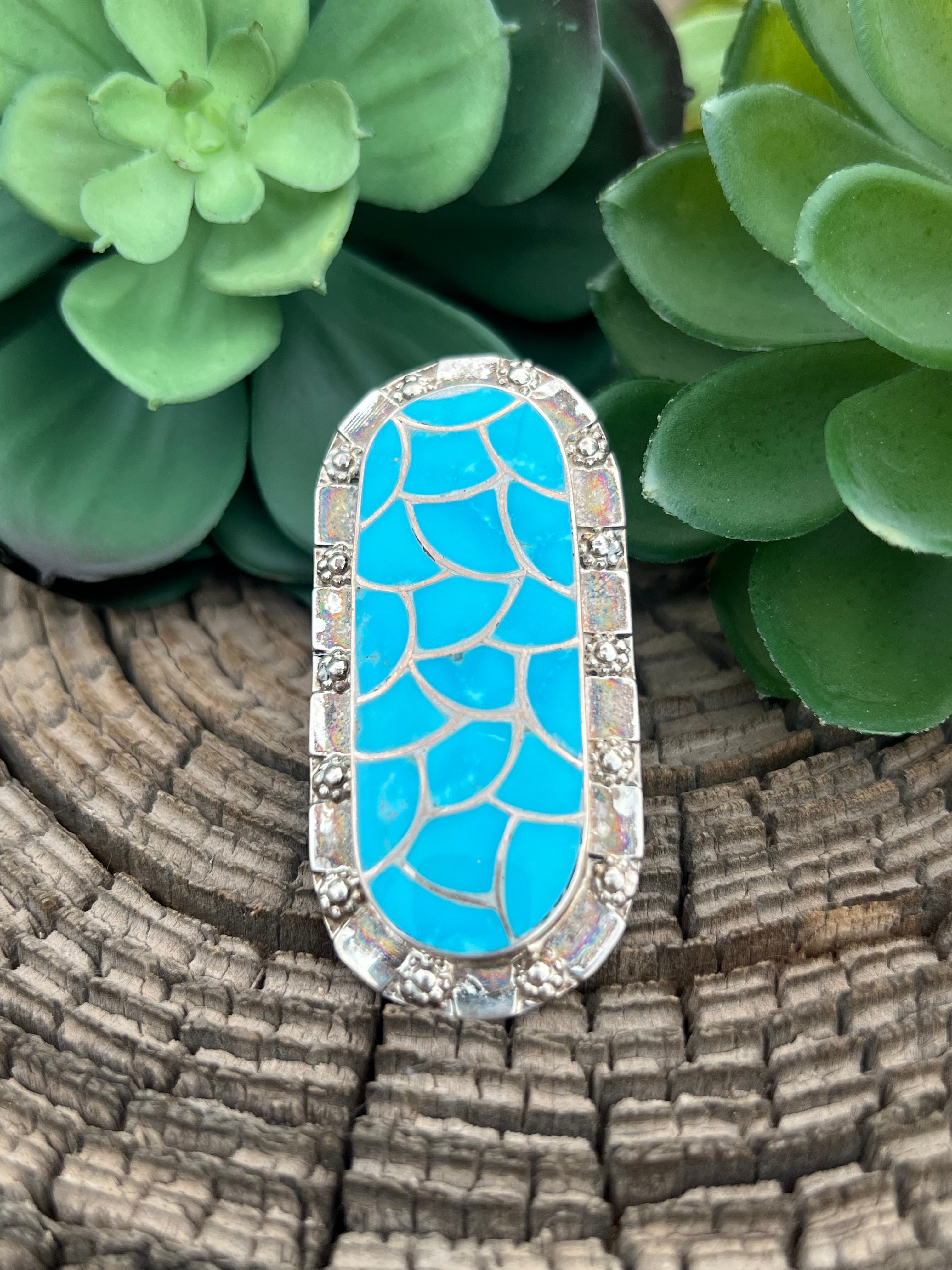 Zuni Turquoise & Sterling Silver Inlay Ring Size 6