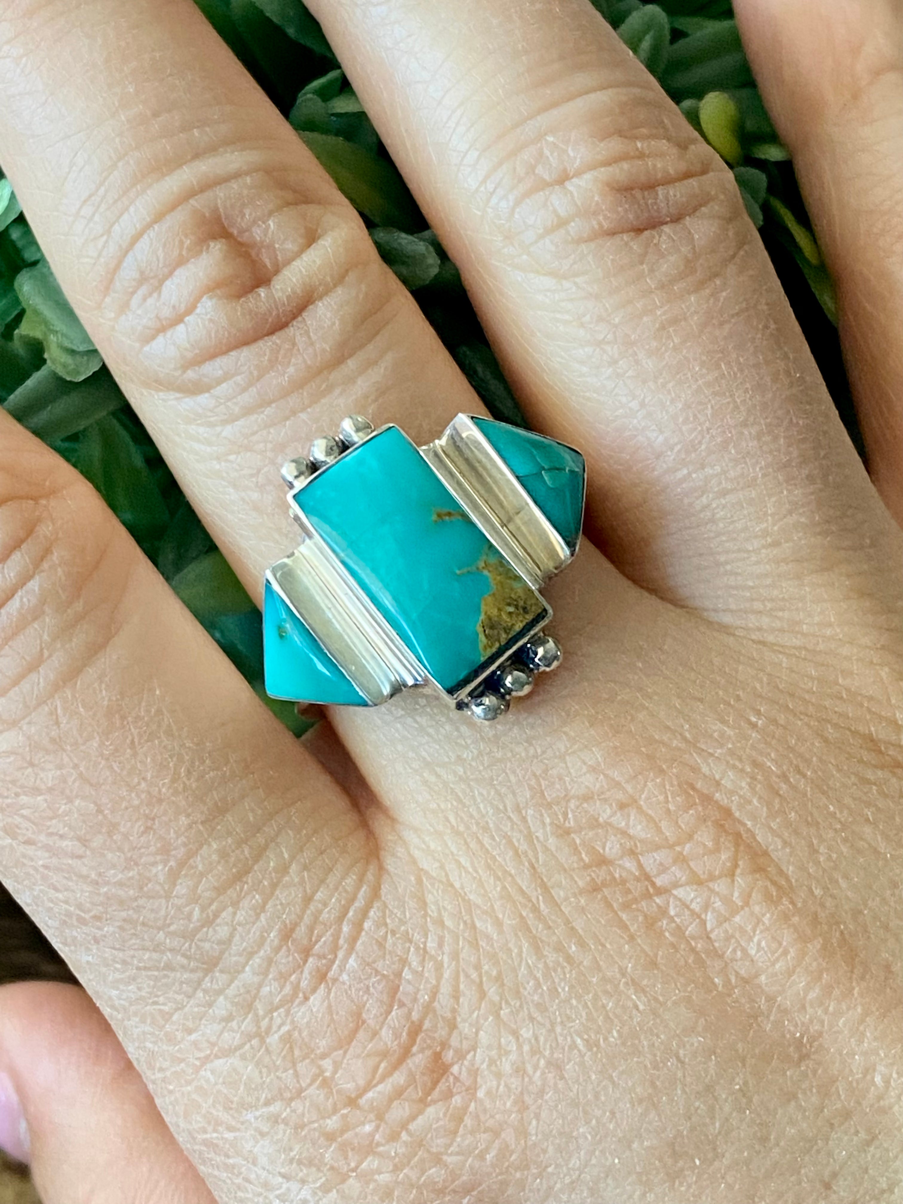 Genevieve Francisco Kingman Turquoise & Sterling Silver Ring Size 11.75