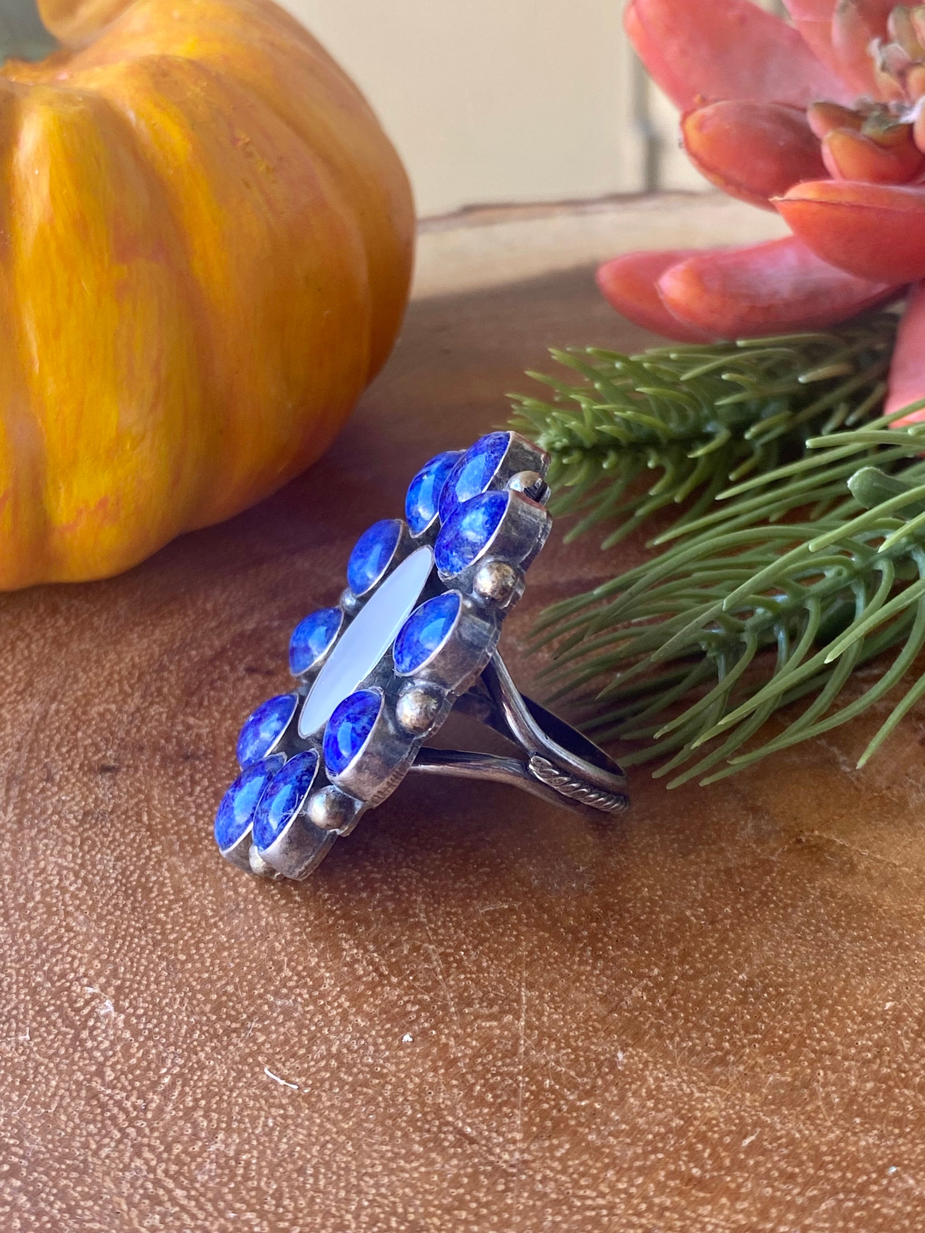 Navajo Lapis & Mother of Pearl Sterling Silver Cluster Ring Size 10.5