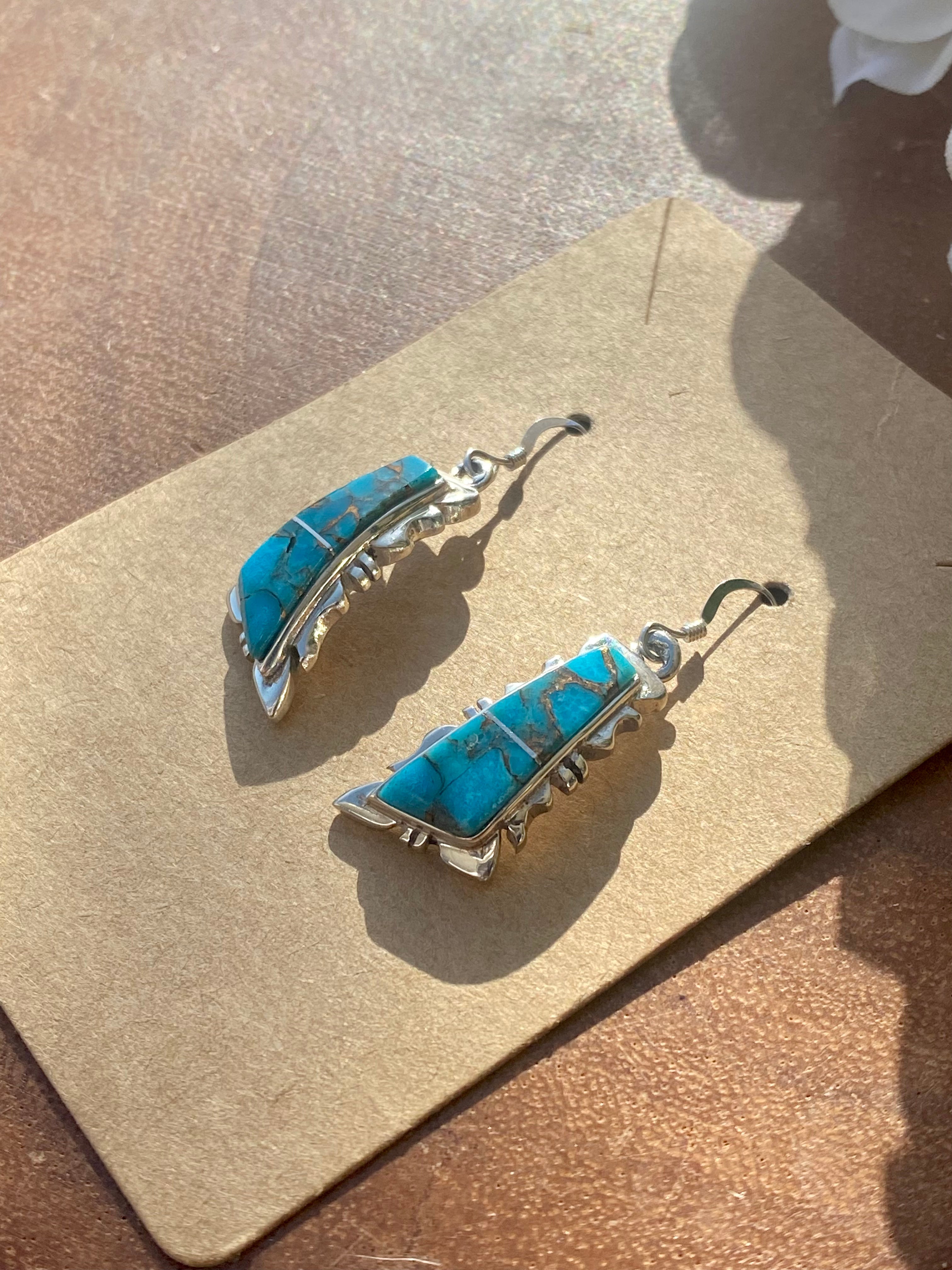 Navajo Made Mohave Turquoise & Sterling Silver Inlay Dangle Earrings