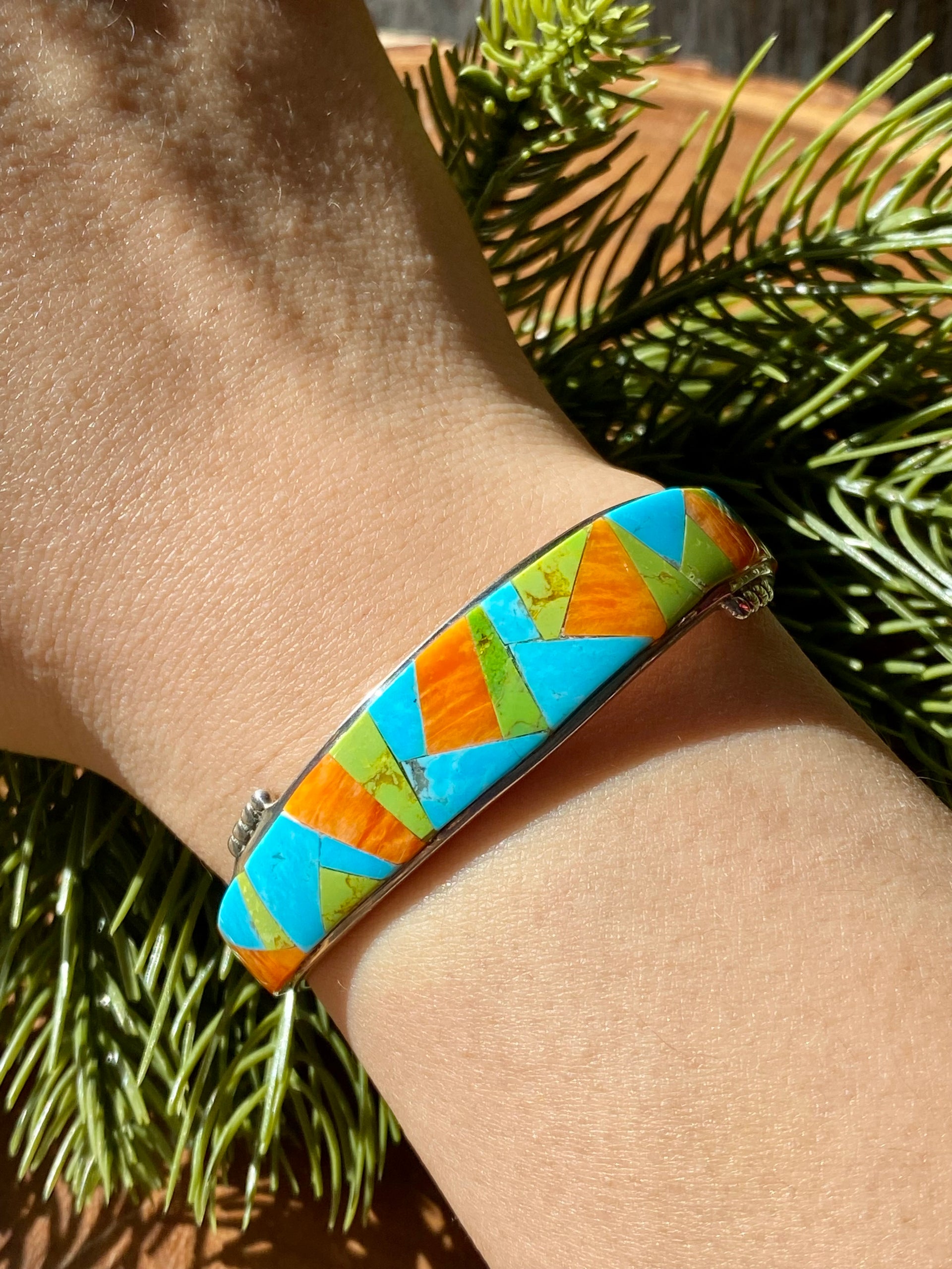 Navajo Made Multi Stone & Sterling Silver Inlay Cuff Bracelet