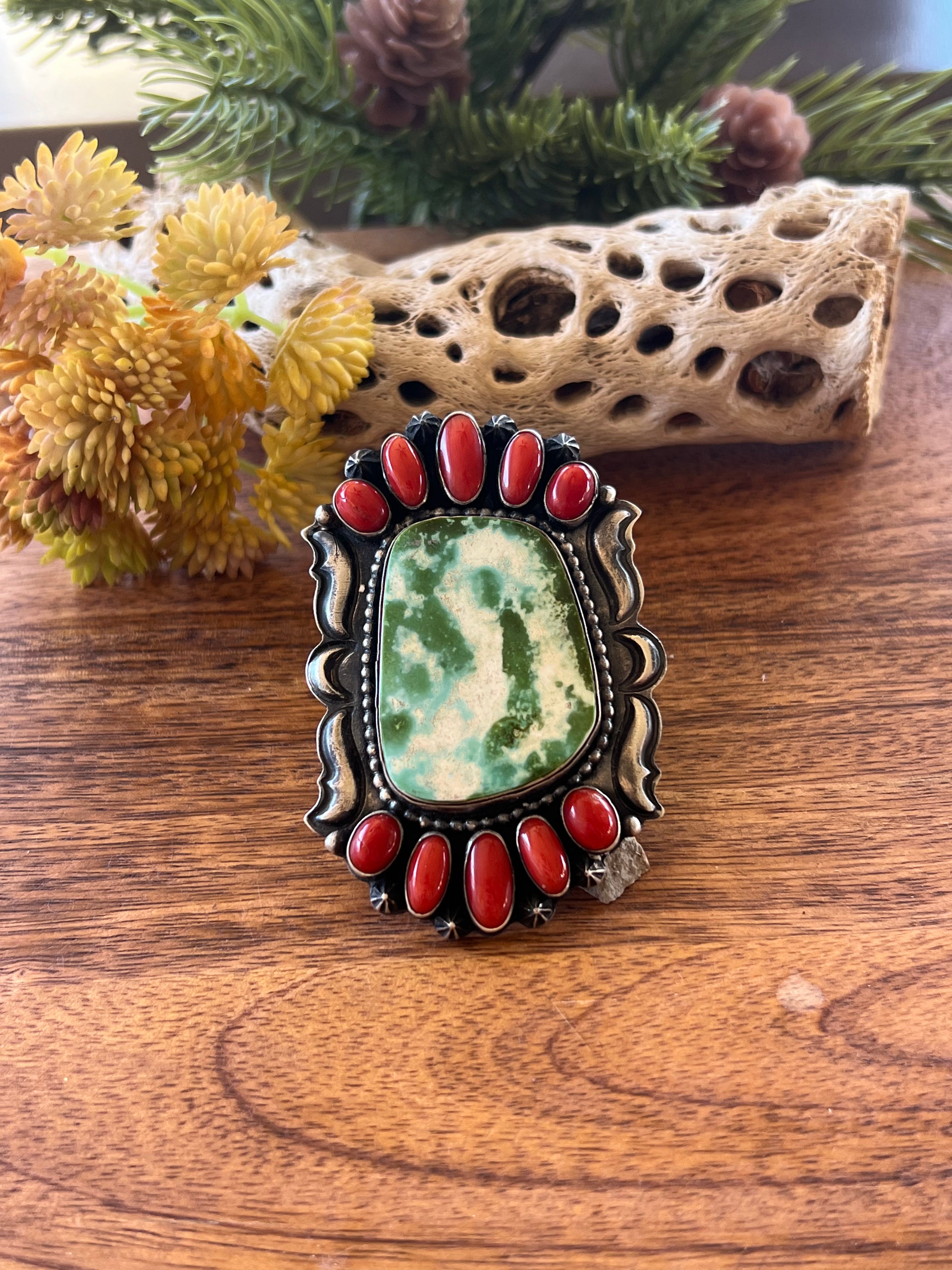 Shawn Cayatineto Natural Royston Turquoise & Mediterranean Coral & Sterling Silver Ring Size 7.5