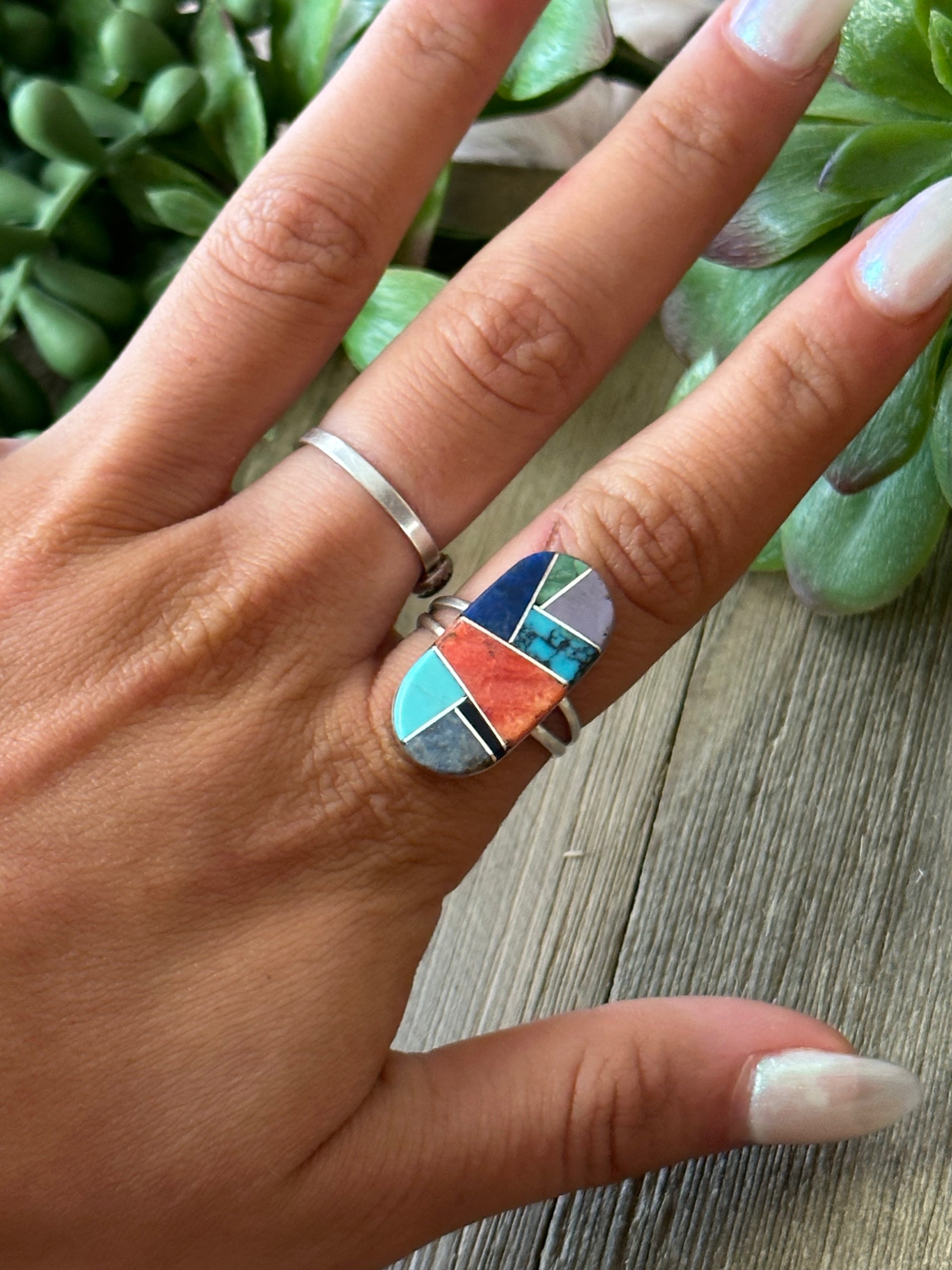 Navajo Made Multi Stone & Sterling Silver Inlay Ring Size 7.25