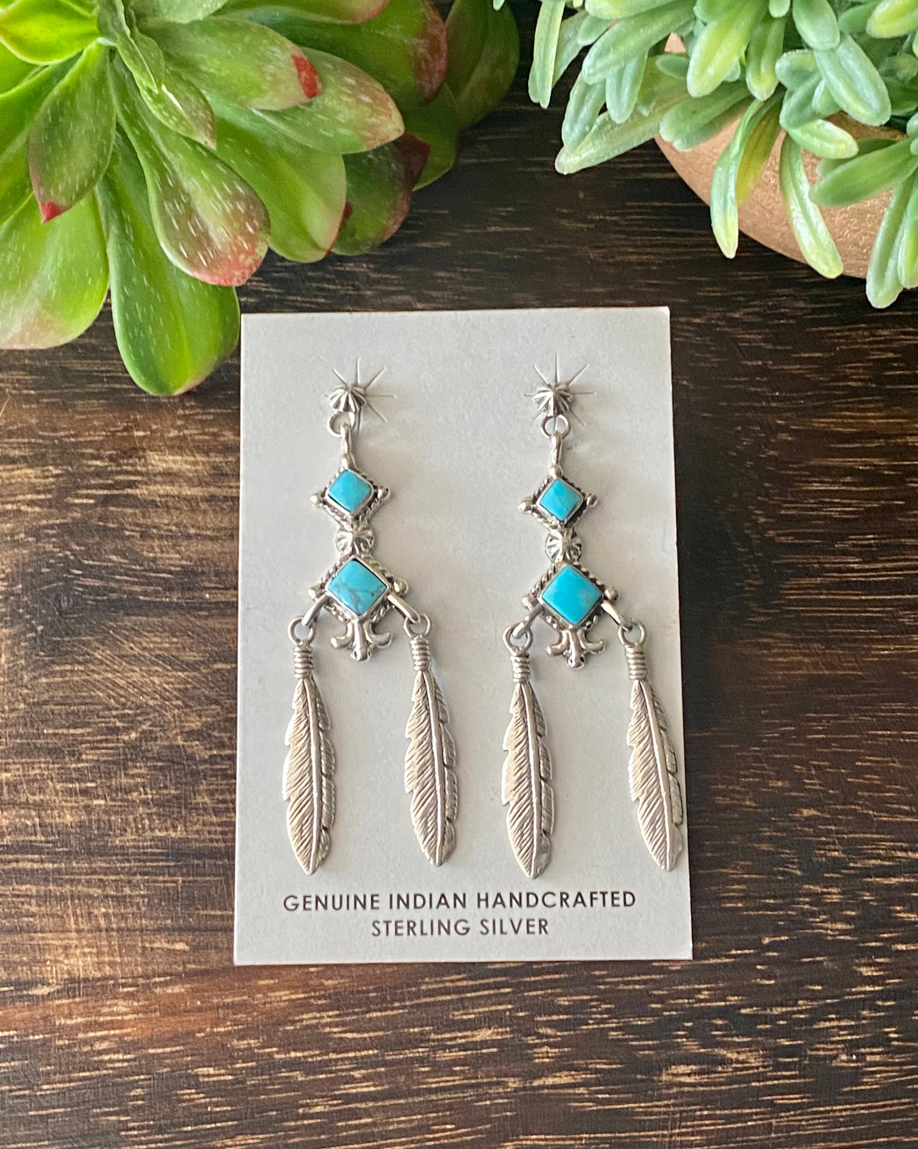 Irvin Tsosie Kingman Turquoise & Sterling Silver Feather Post Dangle Earrings